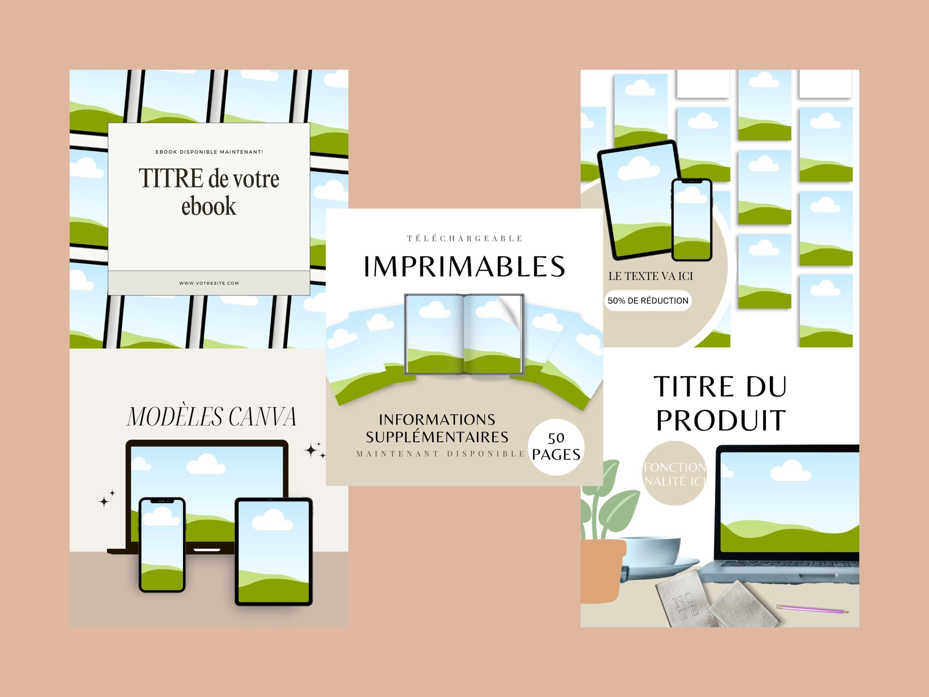 Collection de mockups Canva variés – couvertures d’ebooks, checklists, planners – pour booster la présentation visuelle sur Etsy.