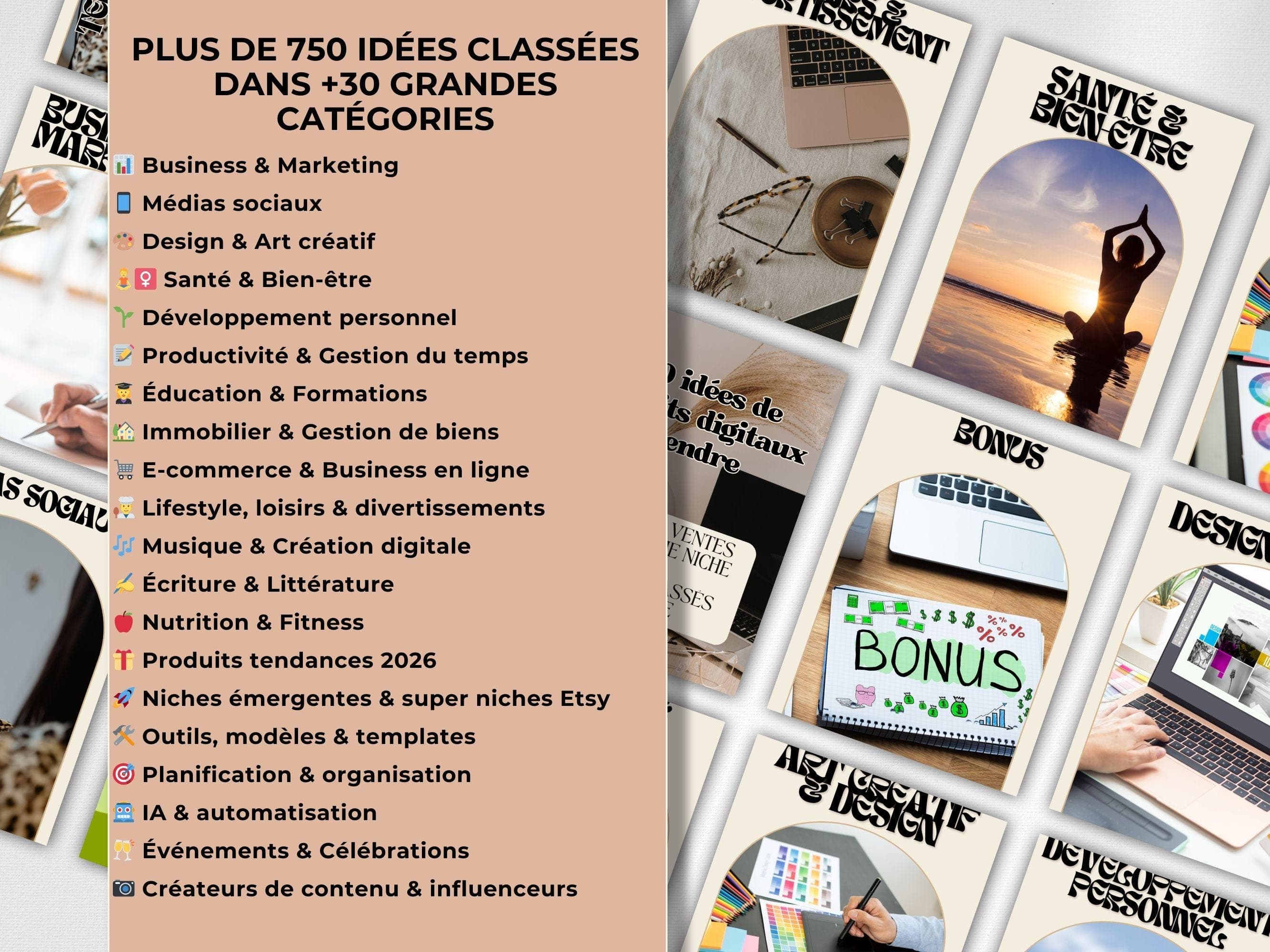 Aperçu des 750 idées de produits digitaux classées en 30 grandes catégories rentables : business, marketing, médias sociaux, design, santé et bien-être, éducation, e-commerce et tendances 2026.