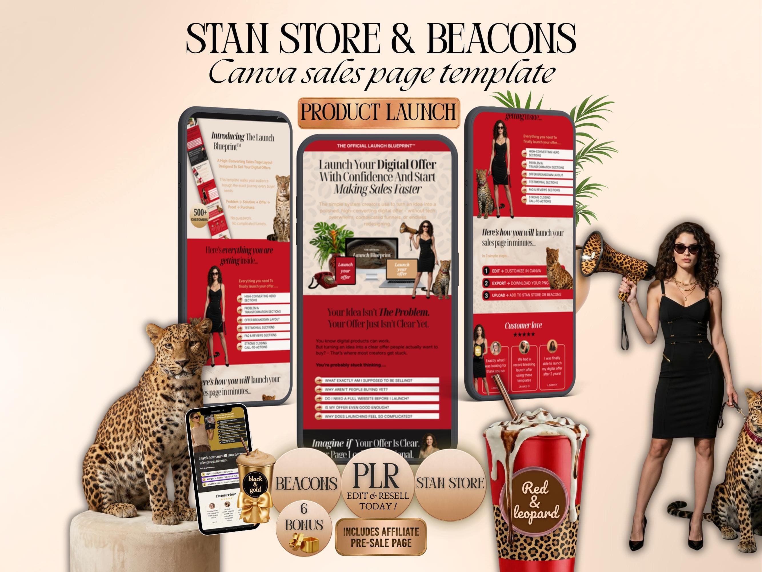 Red canva sales page template PLR for Stan Store & Beacons, Launch digital product Sales funnel, Link in Bio Page for Coach and course