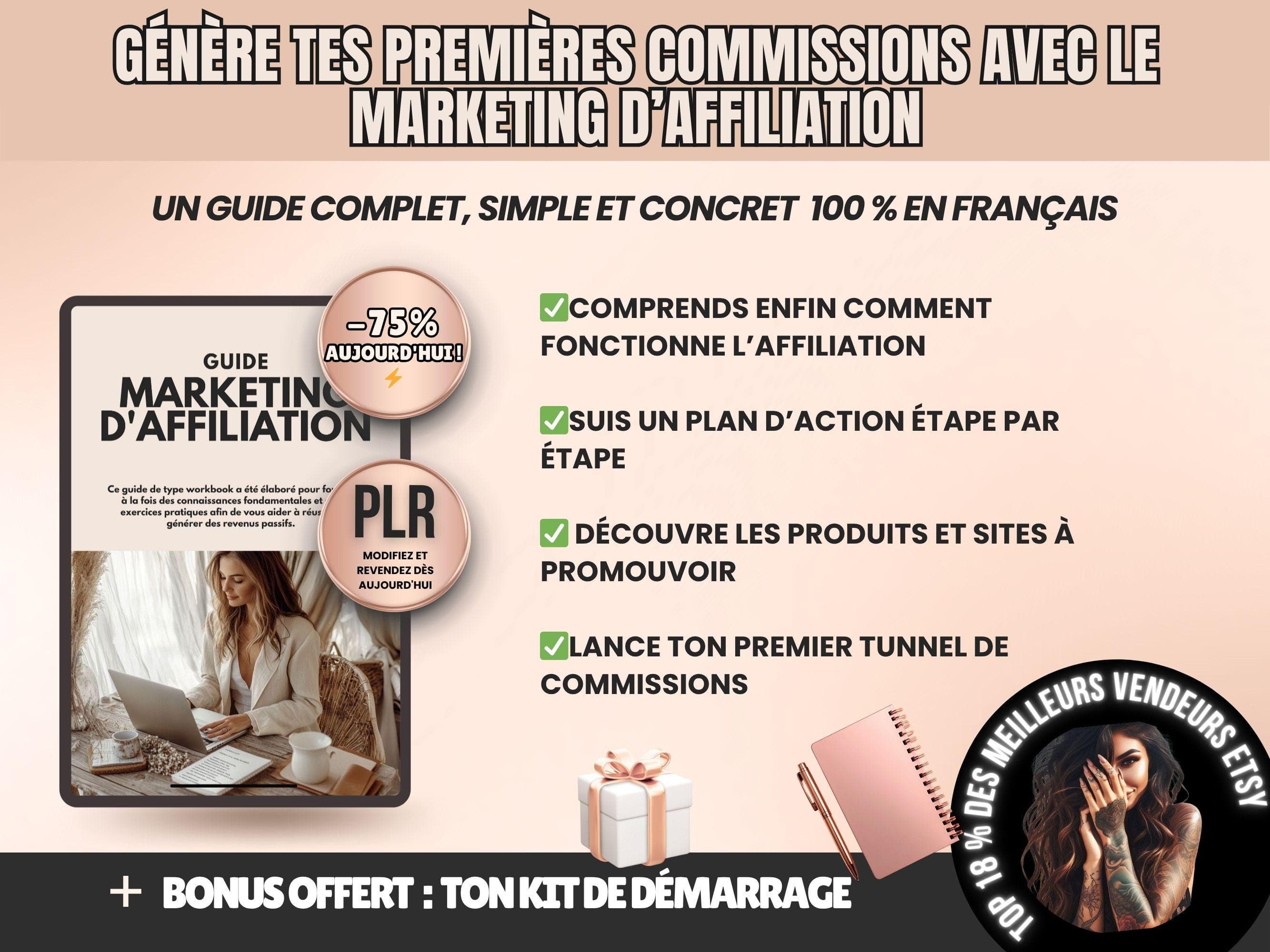 Illustration du guide montrant comment générer ses premiers revenus passifs grâce au marketing d’affiliation, bonus Starter Kit inclus.