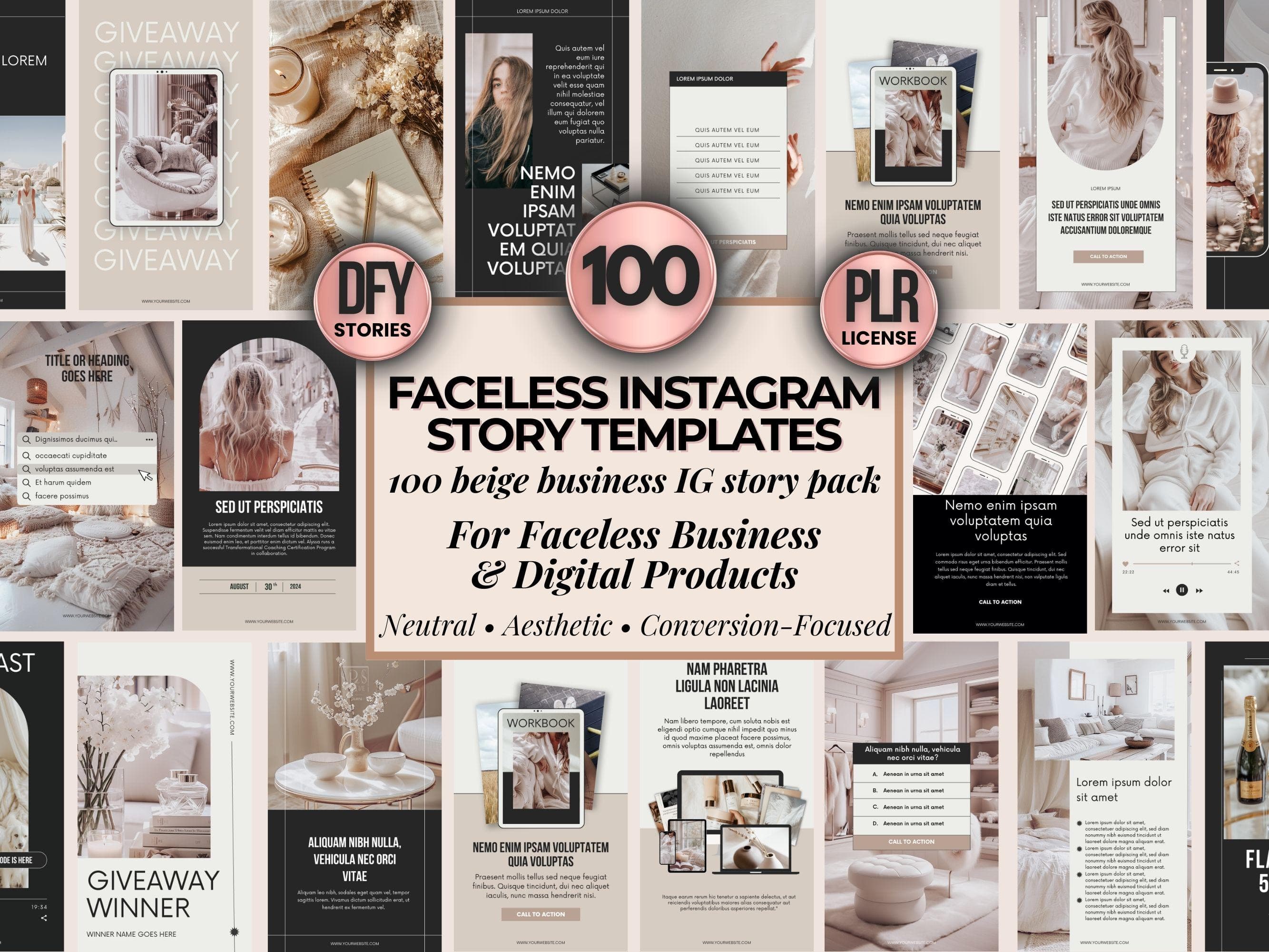faceless Instagram story templates, 100 beige business story, social media templates for Digital Products, Neutral IG Story Pack,dfy stories