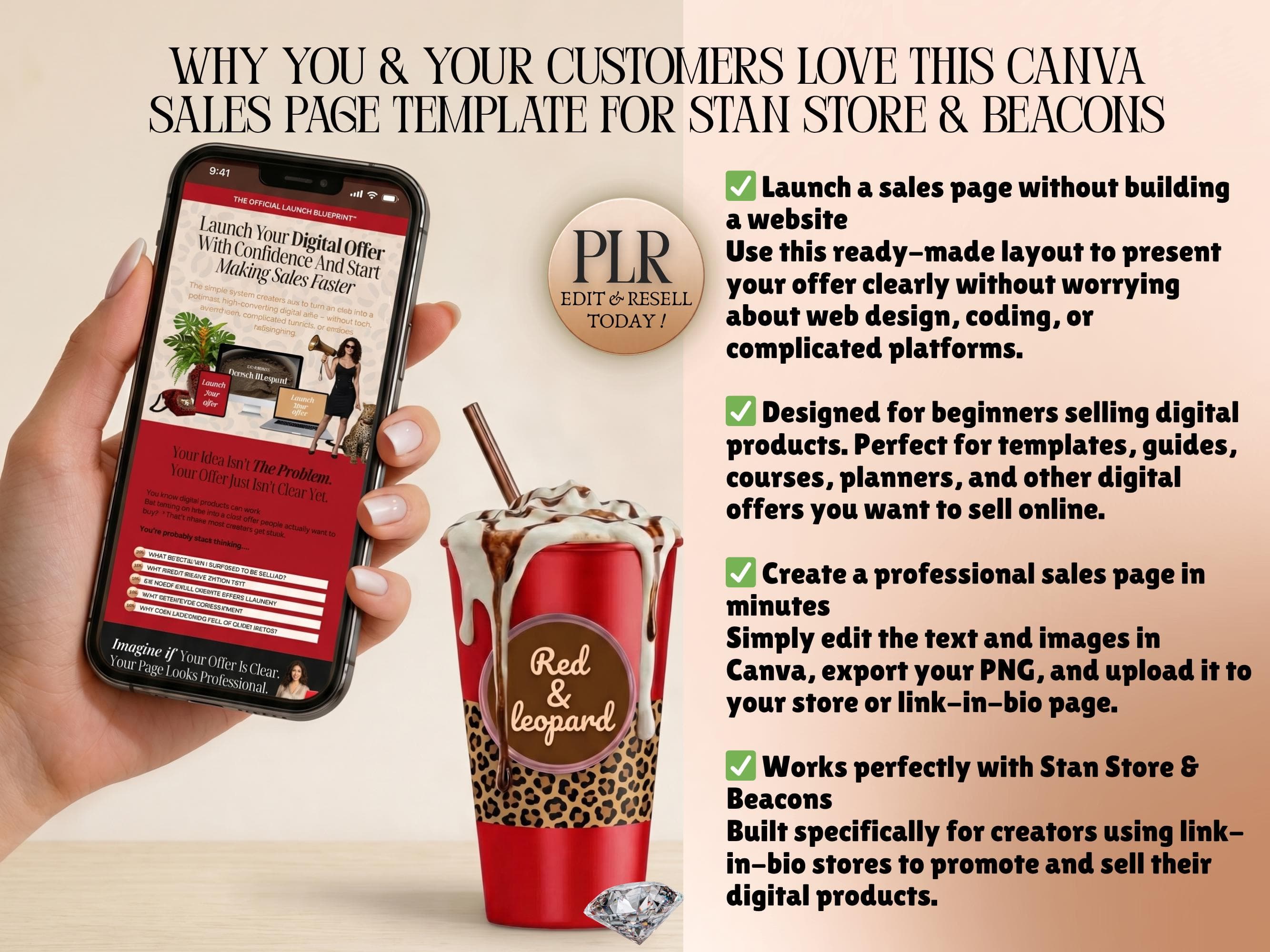 Canva sales page template for Stan Store and Beacons digital product sellers for launch product, sales funnel link in bio