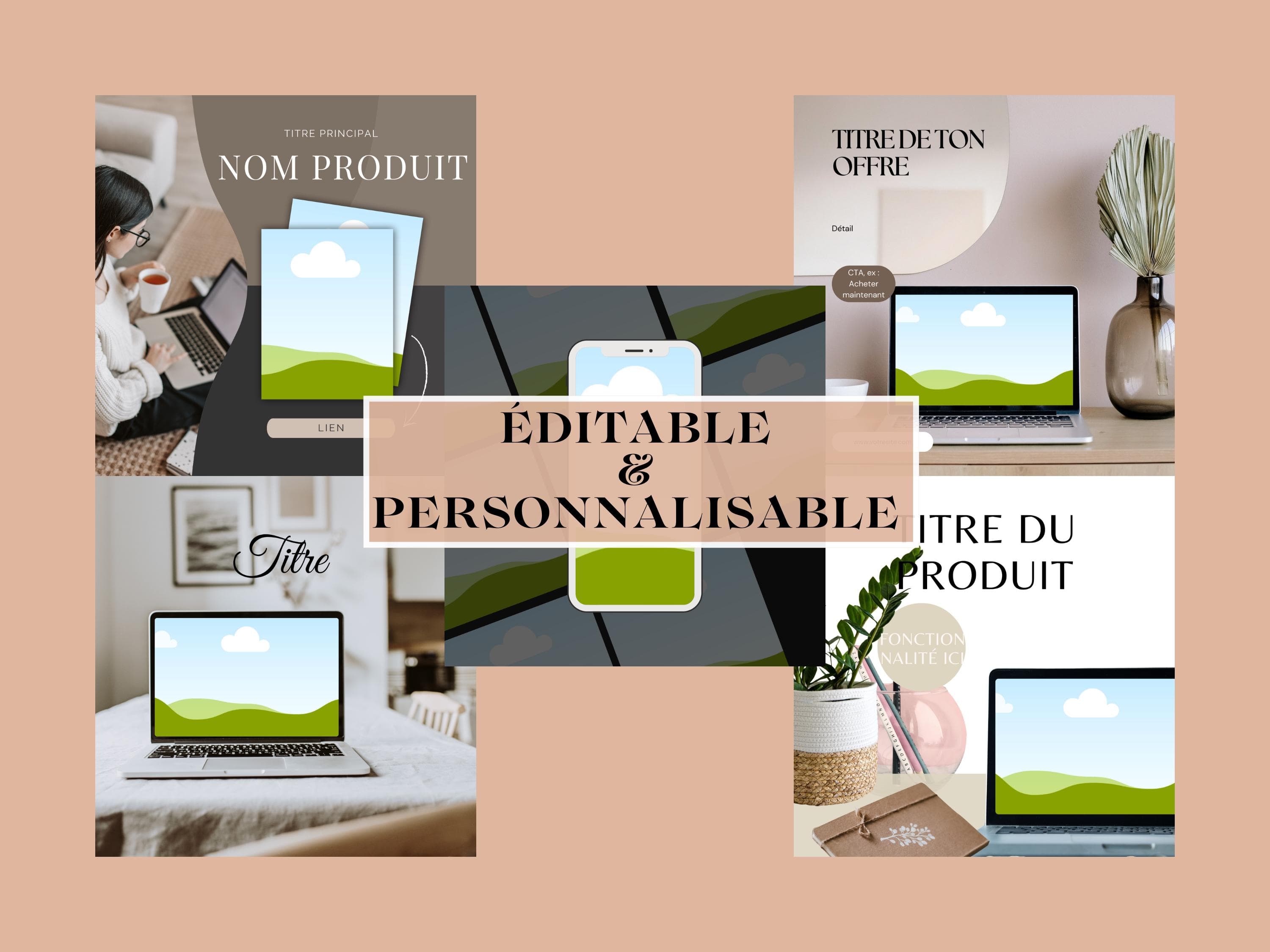 Exemples de maquettes Canva éditables incluses dans le pack de 56 modèles pour présenter ebooks, planners et produits numériques sur Etsy. mockup pour vendeur de produits digitaux.