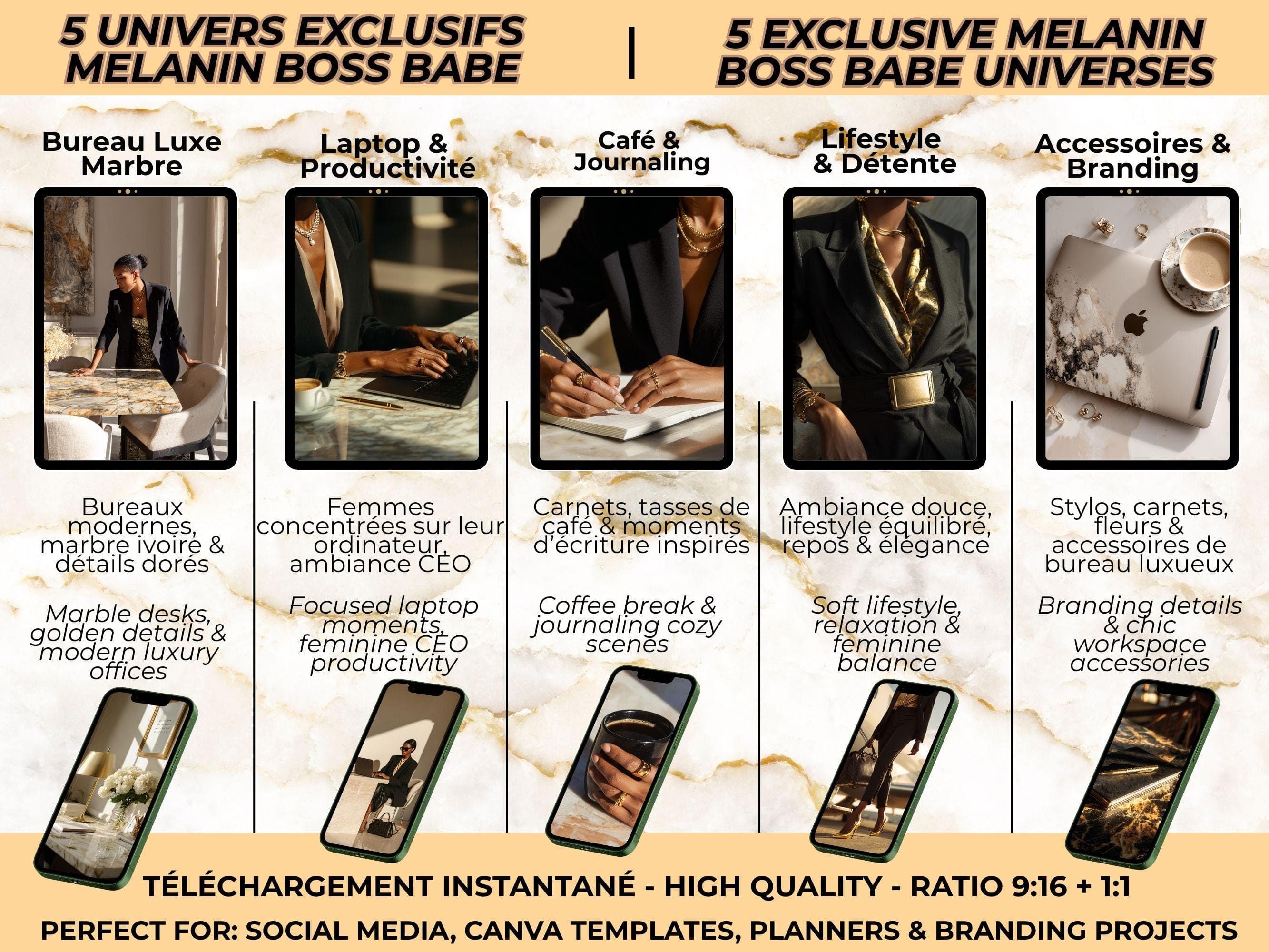 5 exclusive melanin boss babe photo categories – office, laptop, lifestyle, coffee & branding details (PLR MRR included)