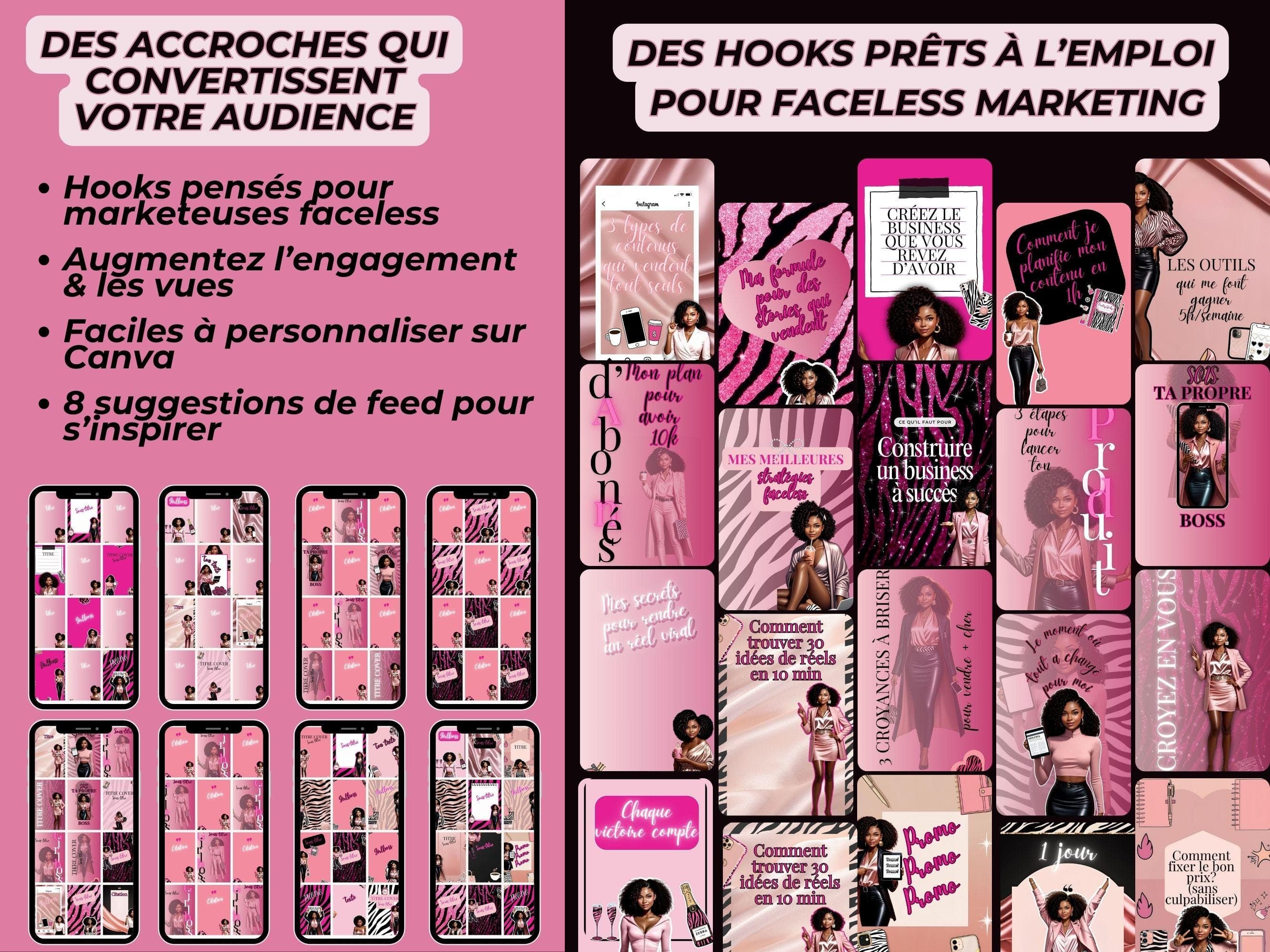 Aperçu des accroches prêtes à l’emploi pour faceless marketing : hooks pour augmenter l’engagement et convertir, modifiables sur Canva.