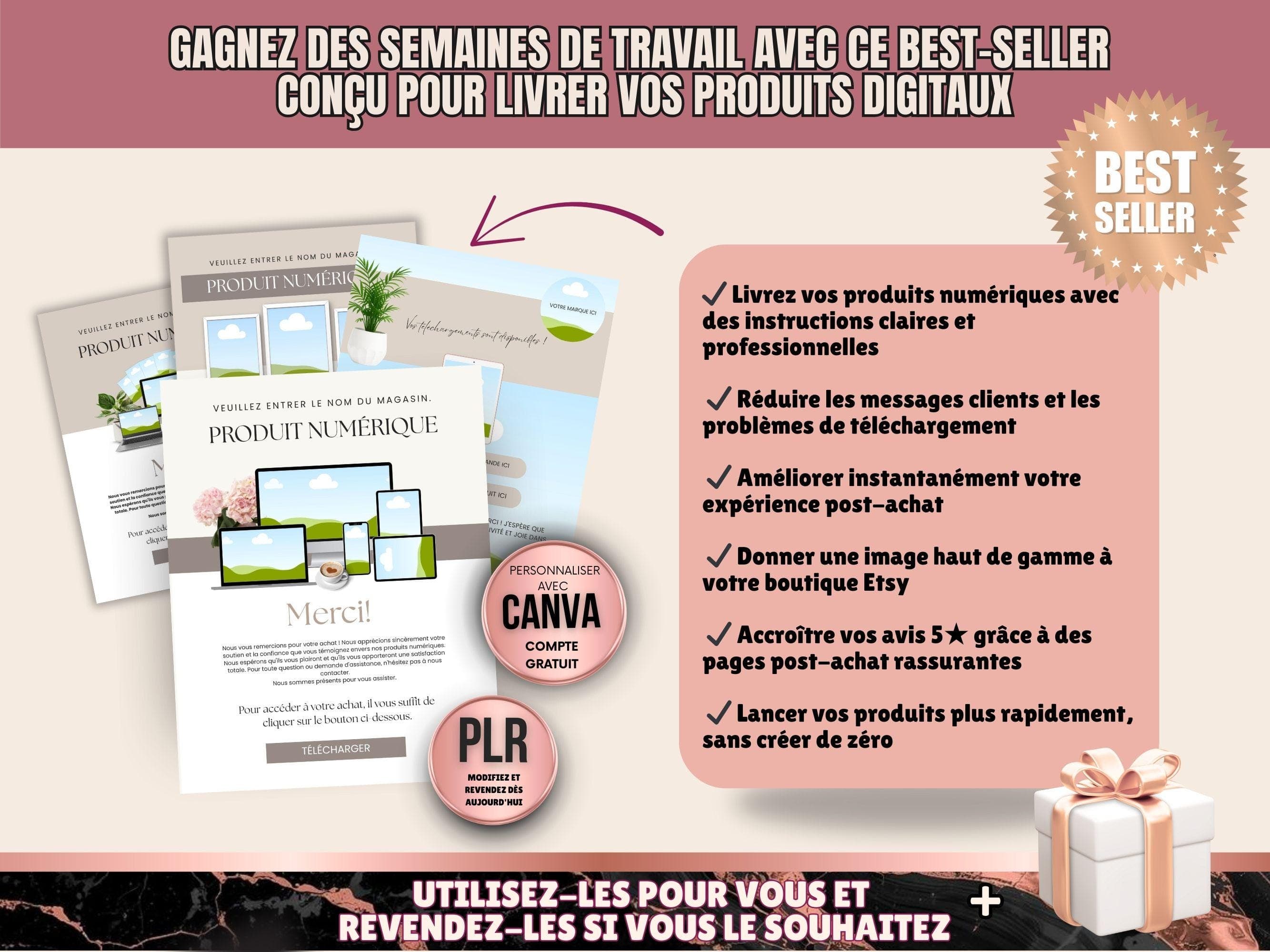 Modèles professionnels pour livrer des produits numériques sur Etsy, instructions de téléchargement et pages de remerciement.