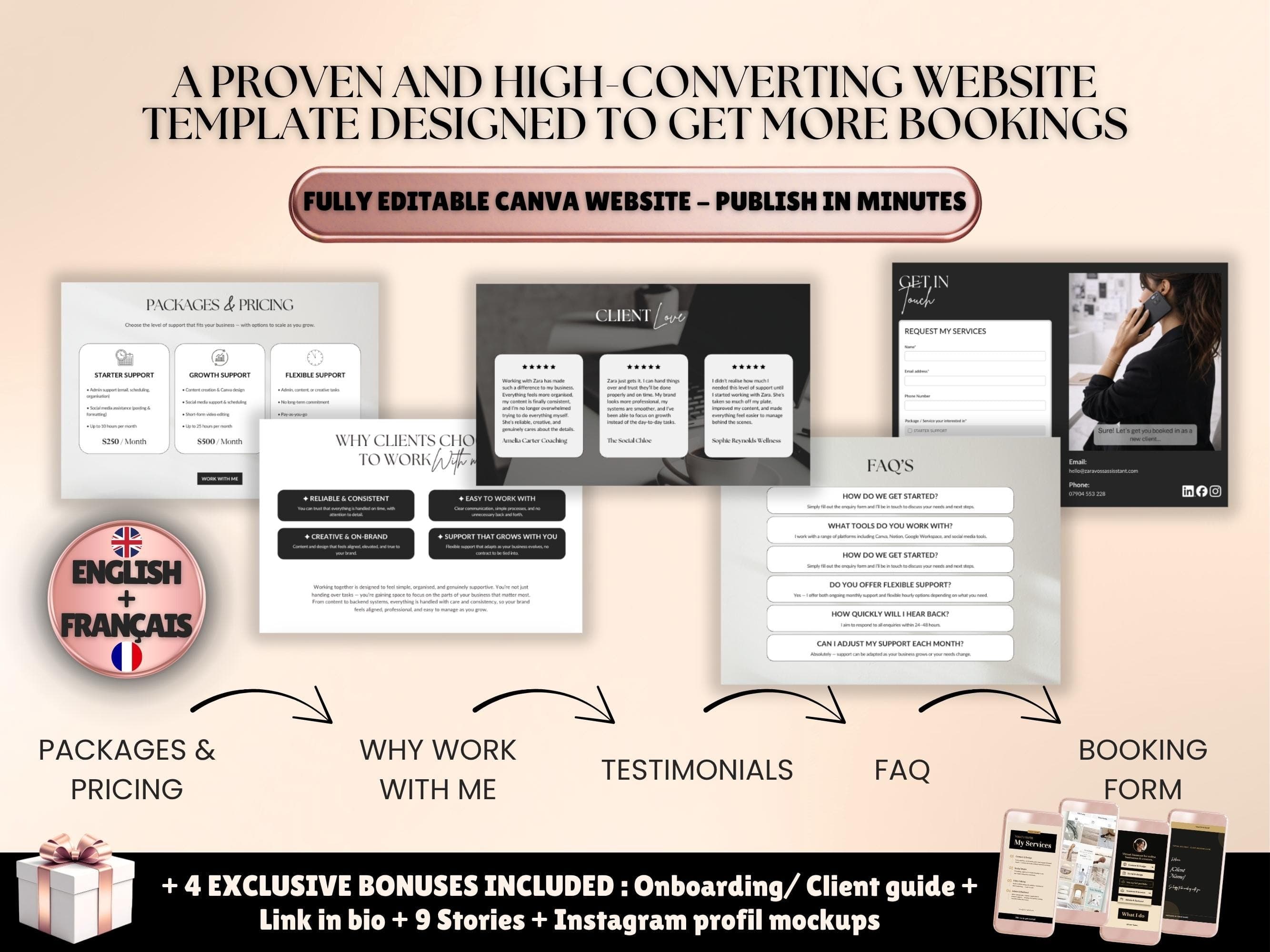 High-converting VA Canva website template with packages, pricing, why work with me, client testimonials and booking form sections