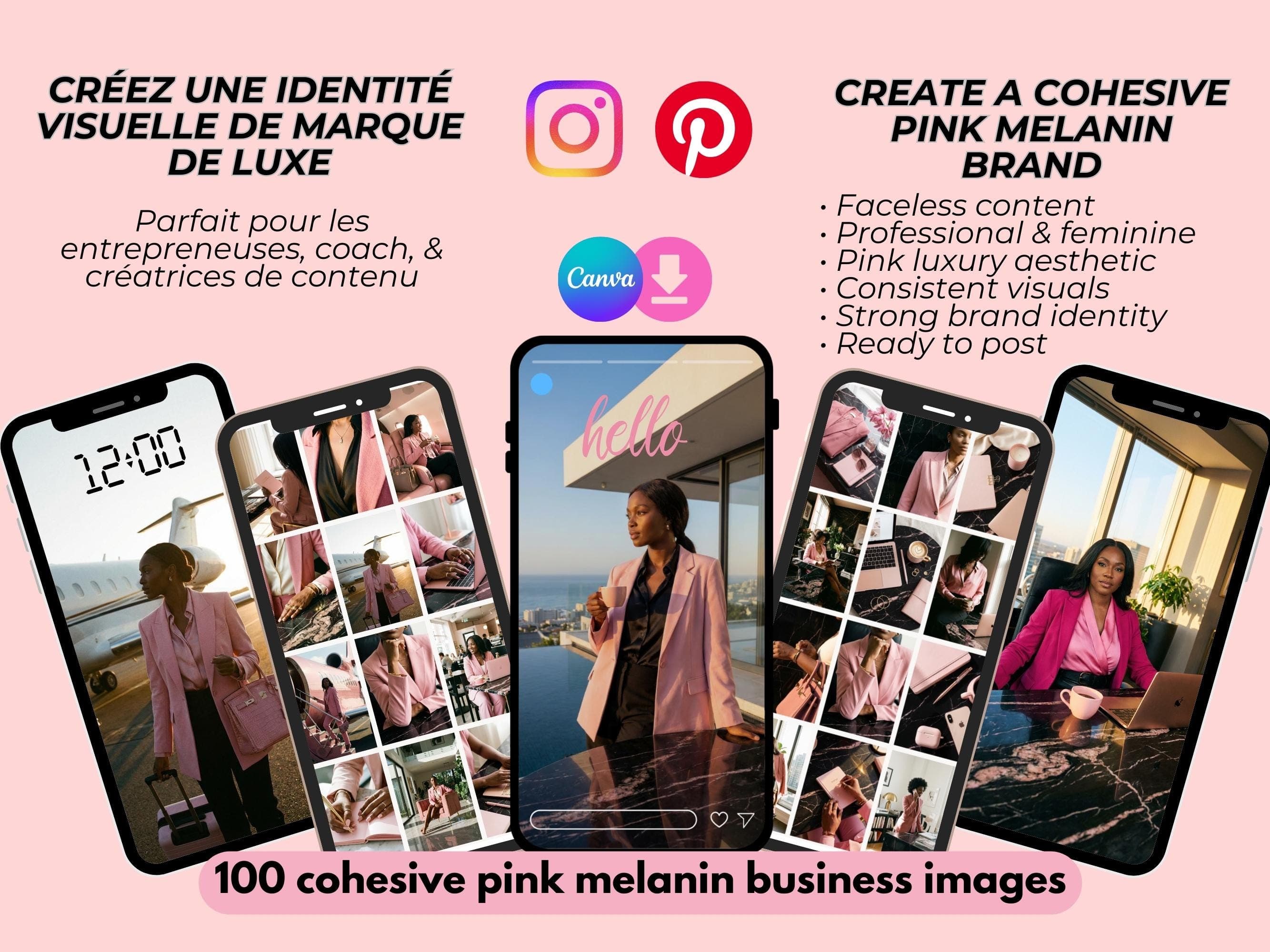 Pink melanin boss babe branding images for Instagram and Canva templates