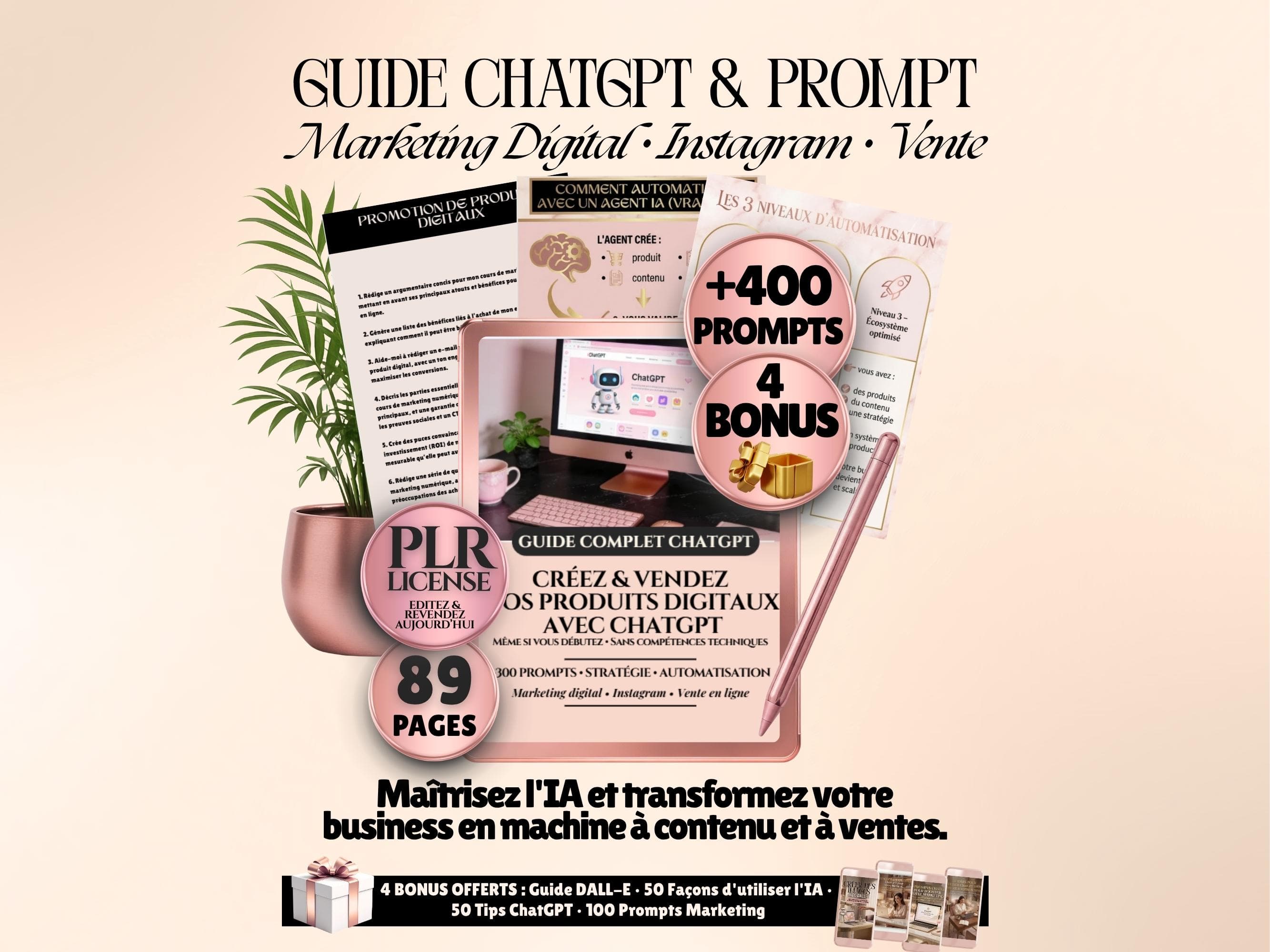 Prompt ChatGPT Marketing Digital Français avec licence PLR | Guide ChatGPT Entrepreneur avec +400 invite pour maîtriser ChatGPT