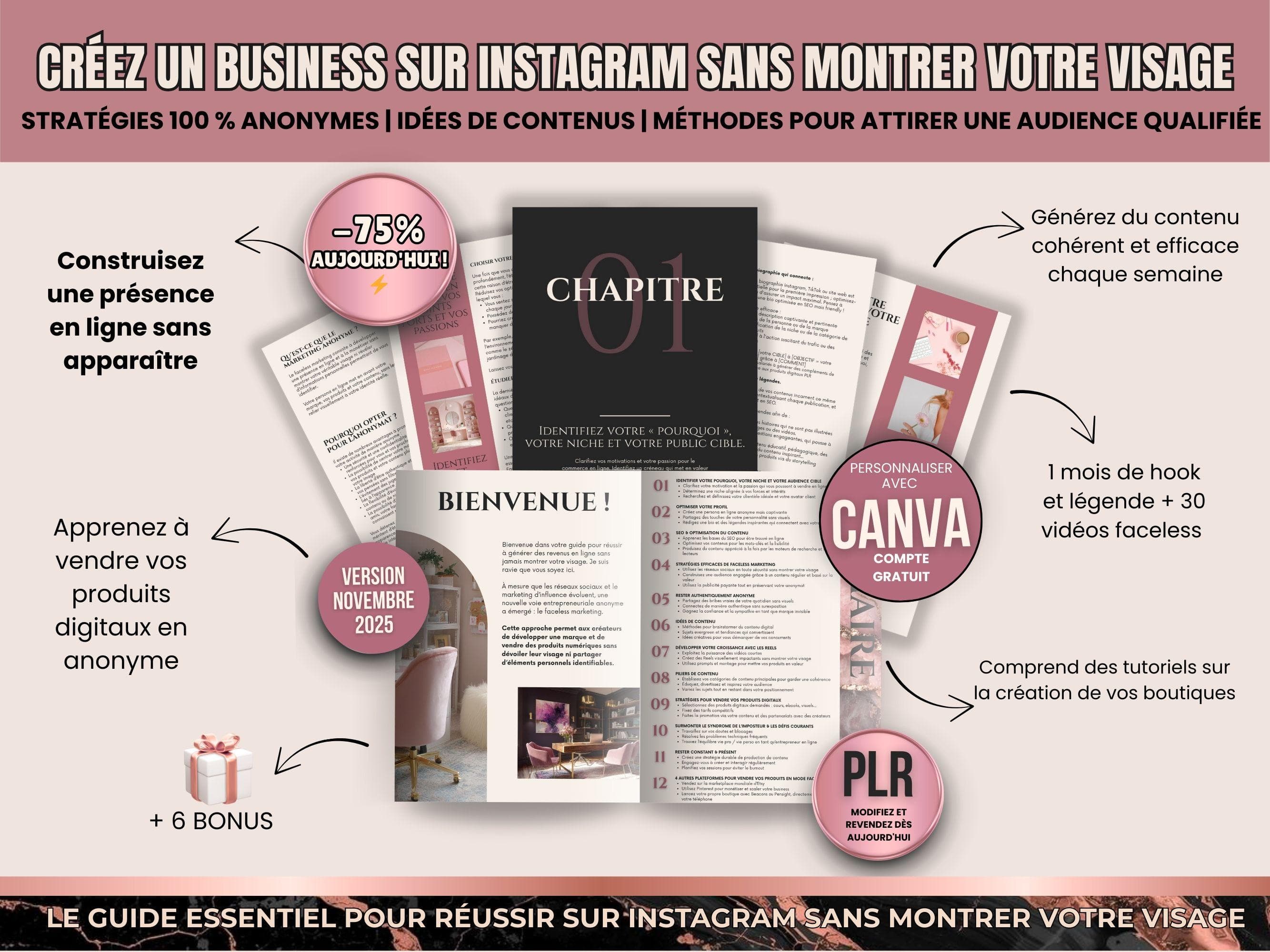 Présentation du guide faceless marketing PLR montrant comment créer un business Instagram sans montrer son visage.