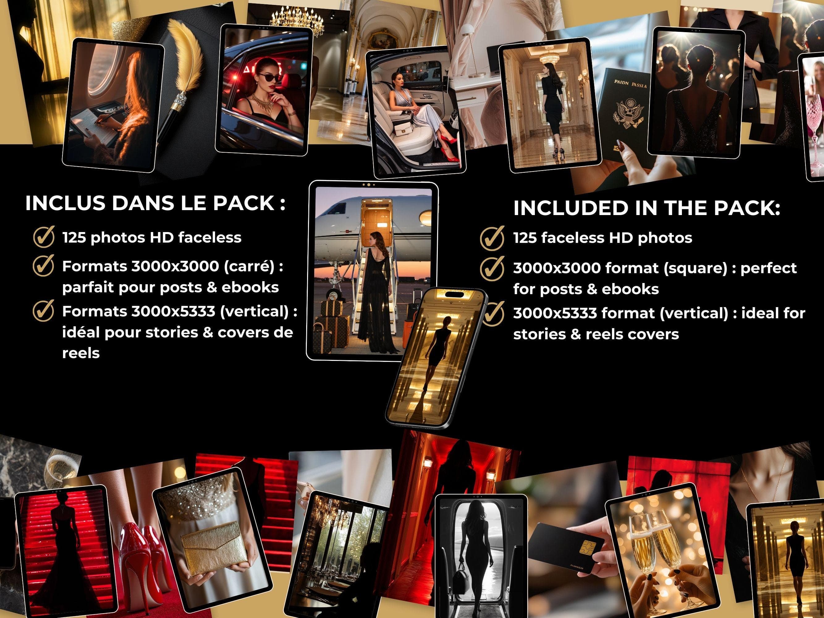 ce qui est inclus dans le pack : 125 photos faceless aesthetic de CEO, girl boss, femme entrepreneure, chef d'entreprise, patronne dans les couleurs noir et or, doré et rouge profond.