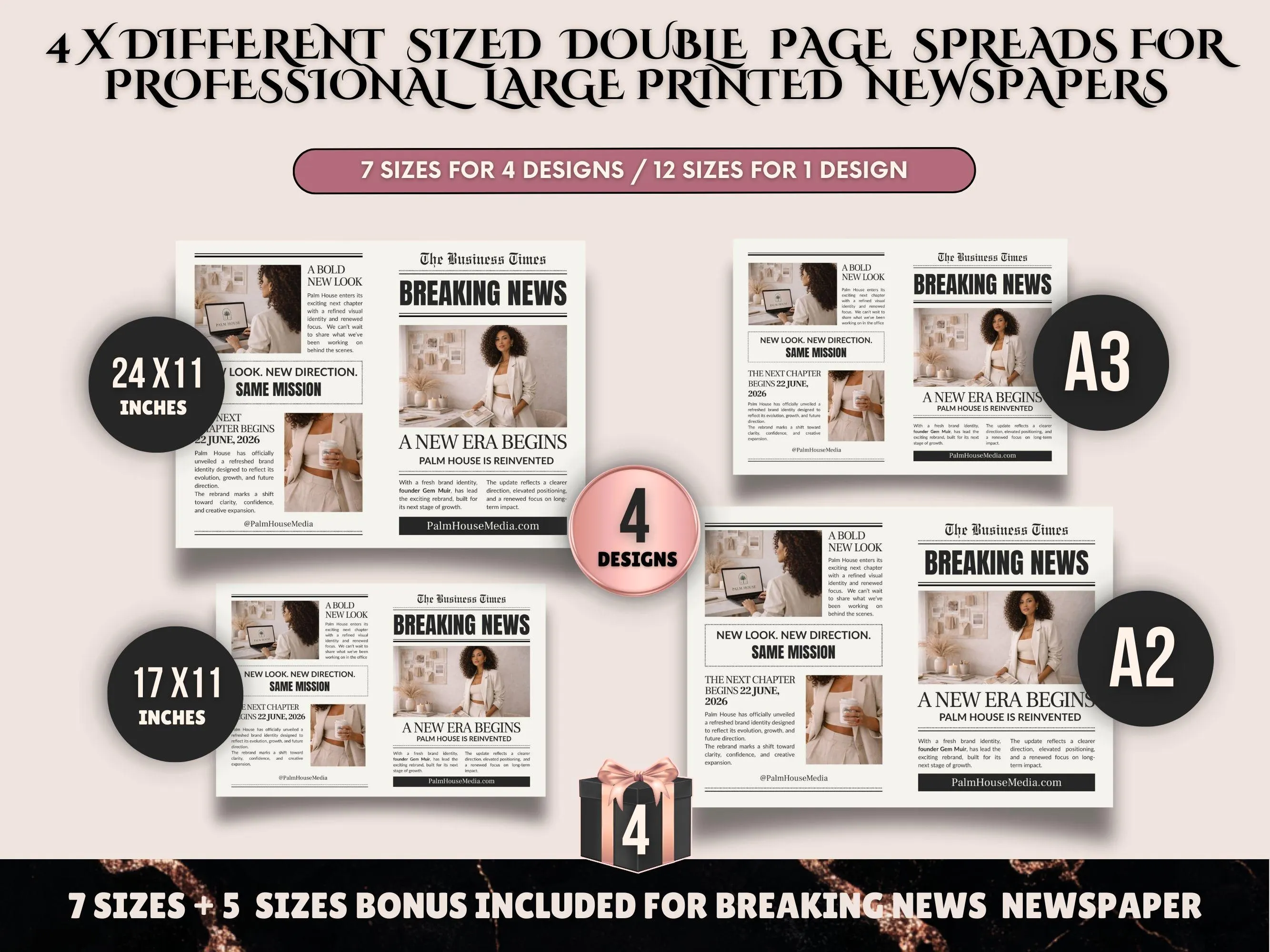 Professional print newspaper layout Canva PLR including A2 A3 A4 and US printable formats