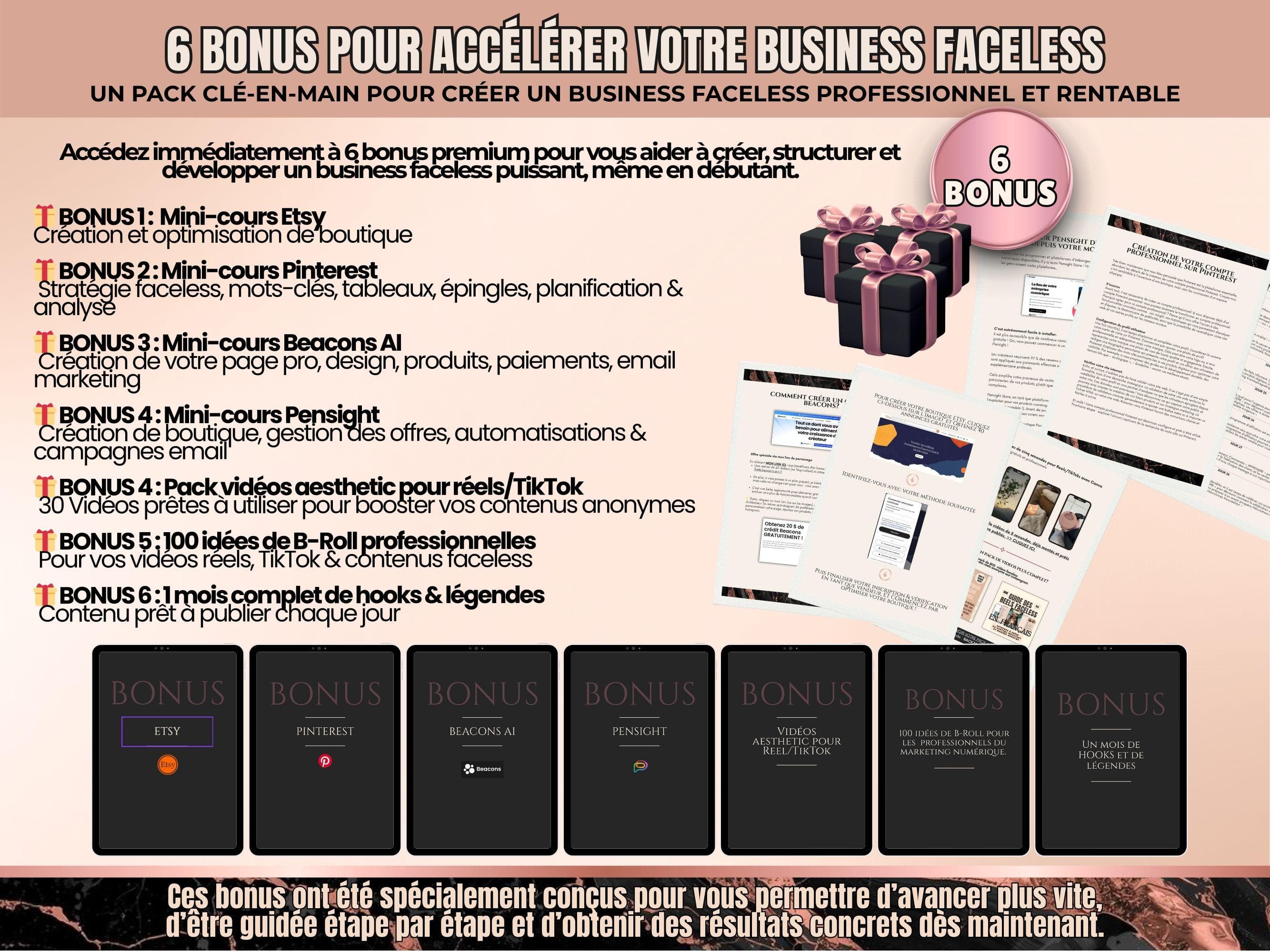Mockup présentant les six bonus inclus dans le guide faceless marketing PLR pour développer un business Instagram anonyme.