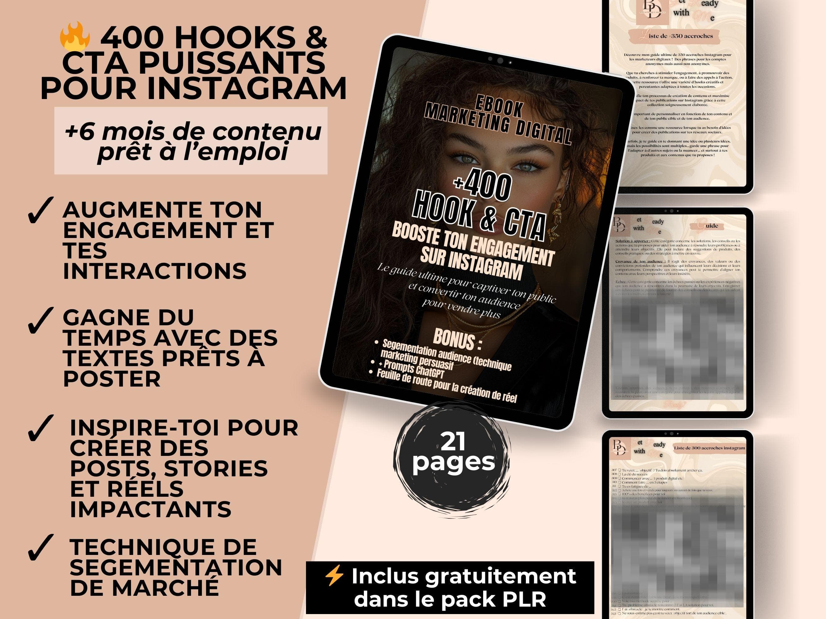 maquette de l'ebook "Hook Instagram en français et call to action pour vidéos de réseaux sociaux | phrase d'accroches & CTA marketing pour faceless marketer, PLR" dans un ebook et liste des bénéfices de l'ebook