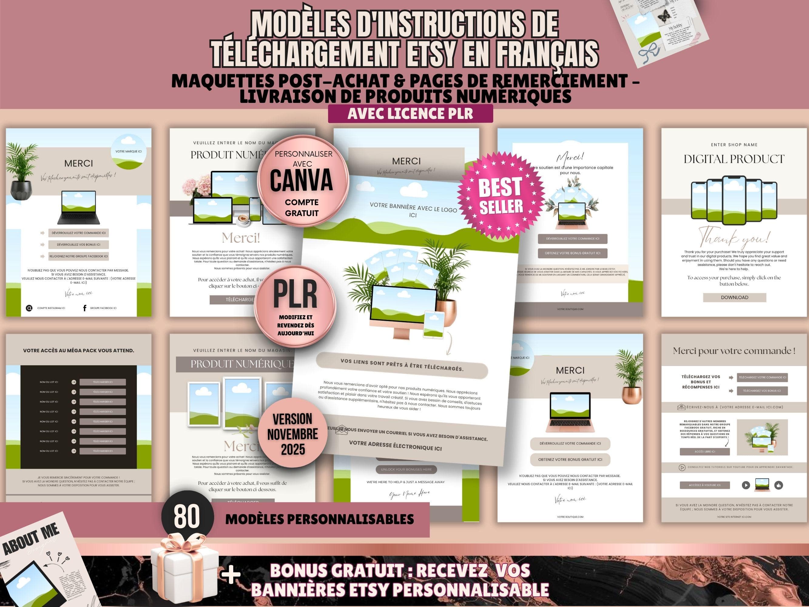 Modèles d’instructions de téléchargement Etsy (français), Maquette post-achat & remerciement, livraison de produits numériques - Licence PLR