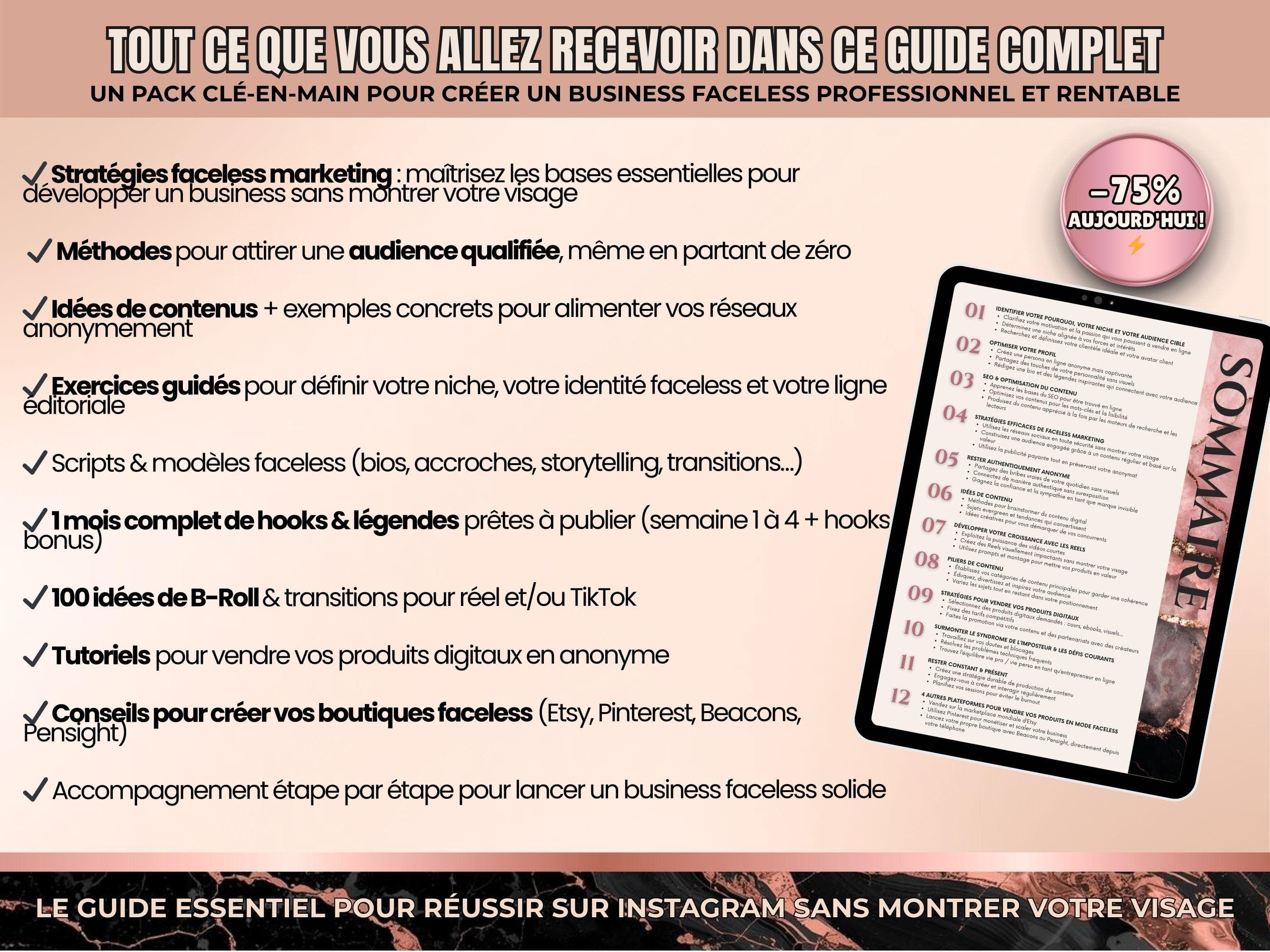 Mockup listant tout le contenu inclus dans le guide faceless marketing PLR, avec les chapitres et les ressources fournies.