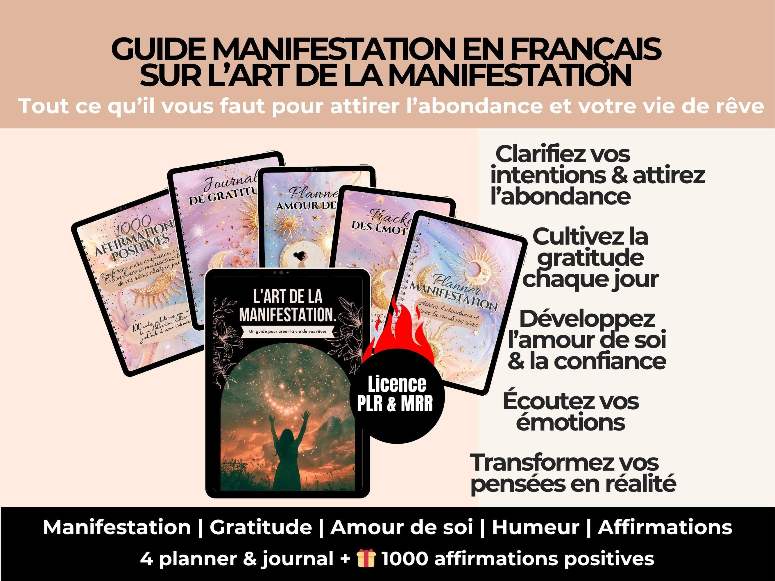 Ebook manifestation en français sur la gratitude et l’art de la manifestation + planificateur développement personnel, licence PLR