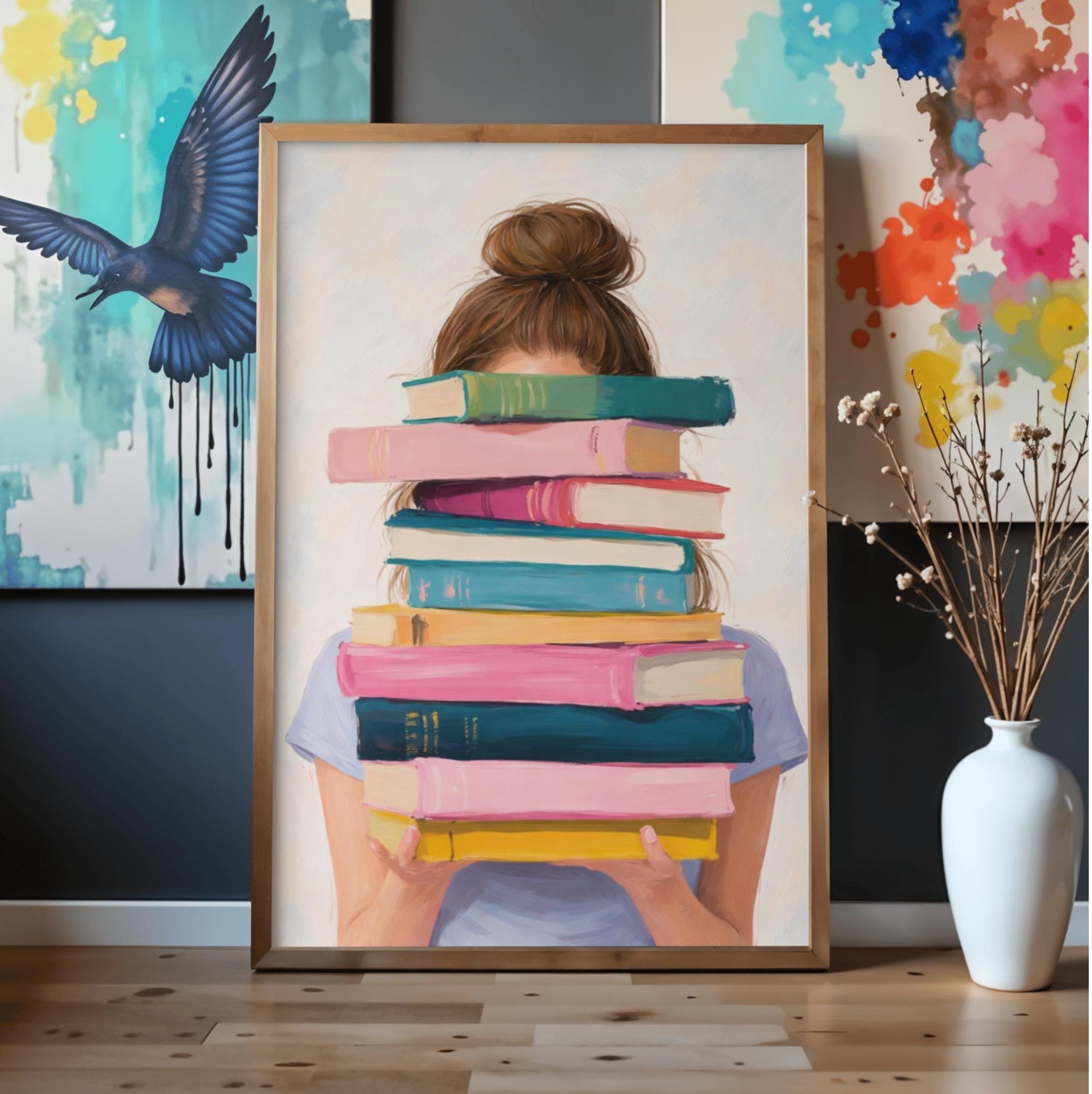 Girl With Stack of Books Poster, Pastel Book Lover Wall Art Print, Cute Reading Illustration Print, Reader Gift Printable, Library Decor - image 5