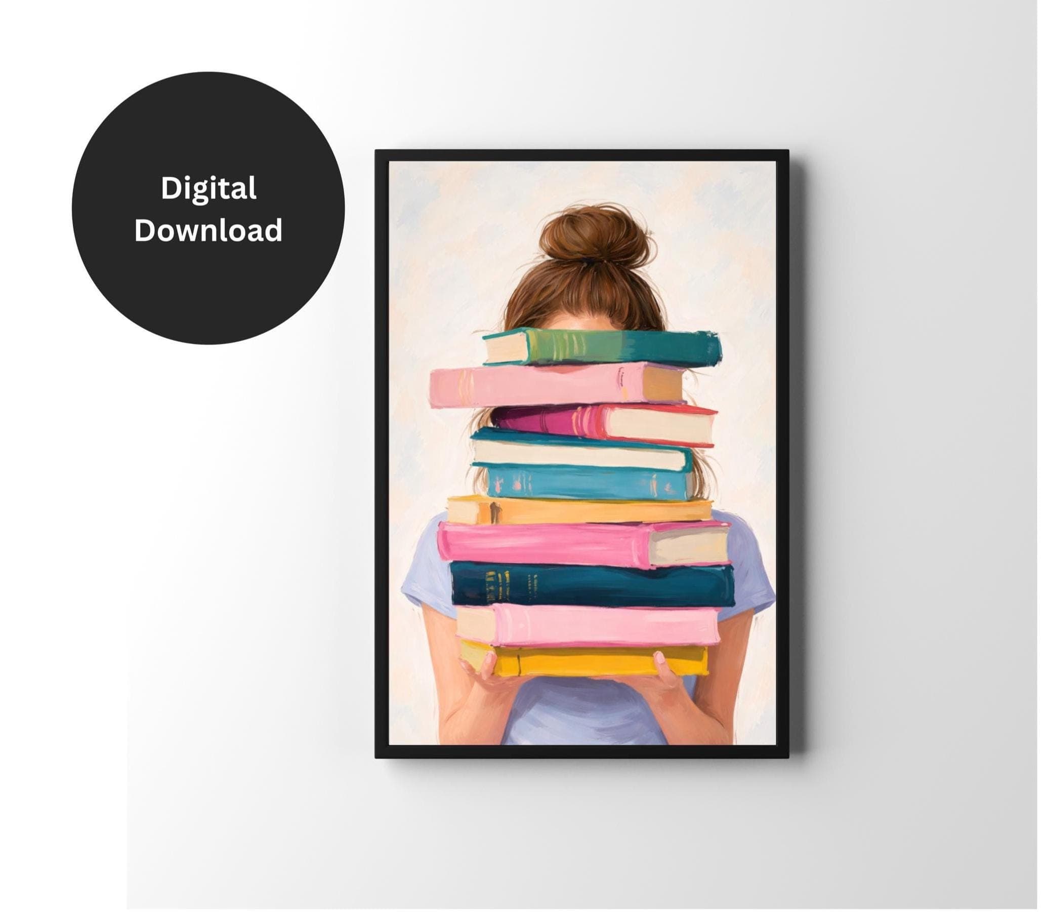 Girl With Stack of Books Poster, Pastel Book Lover Wall Art Print, Cute Reading Illustration Print, Reader Gift Printable, Library Decor - image 3