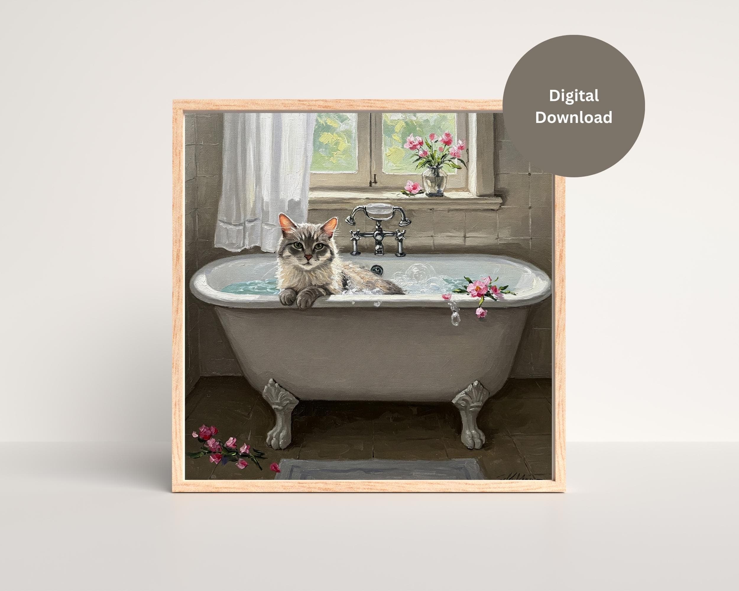 Vintage Cat in Bathtub Poster-Oil Painting Style Art Print-Artful Cat Print-Cute Playful Cat Wall Art-Textured Wall Paint-Instant Download
