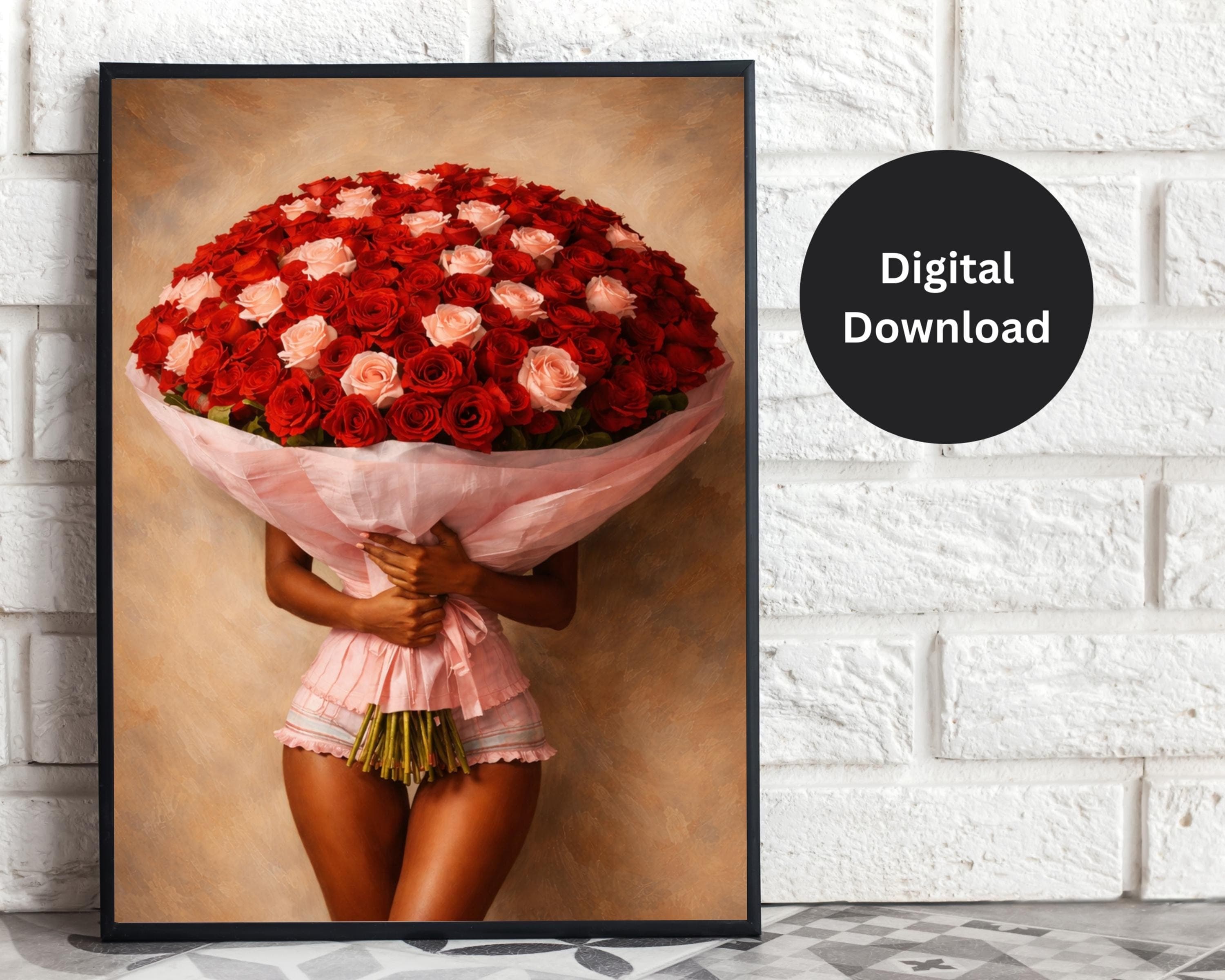 Black Woman Roses Bouquet Art Print, Afrocentric Home Wall Decor, Oil Painting Black Girl Art, Romantic Floral Printable, Red & Pink Roses - image 4