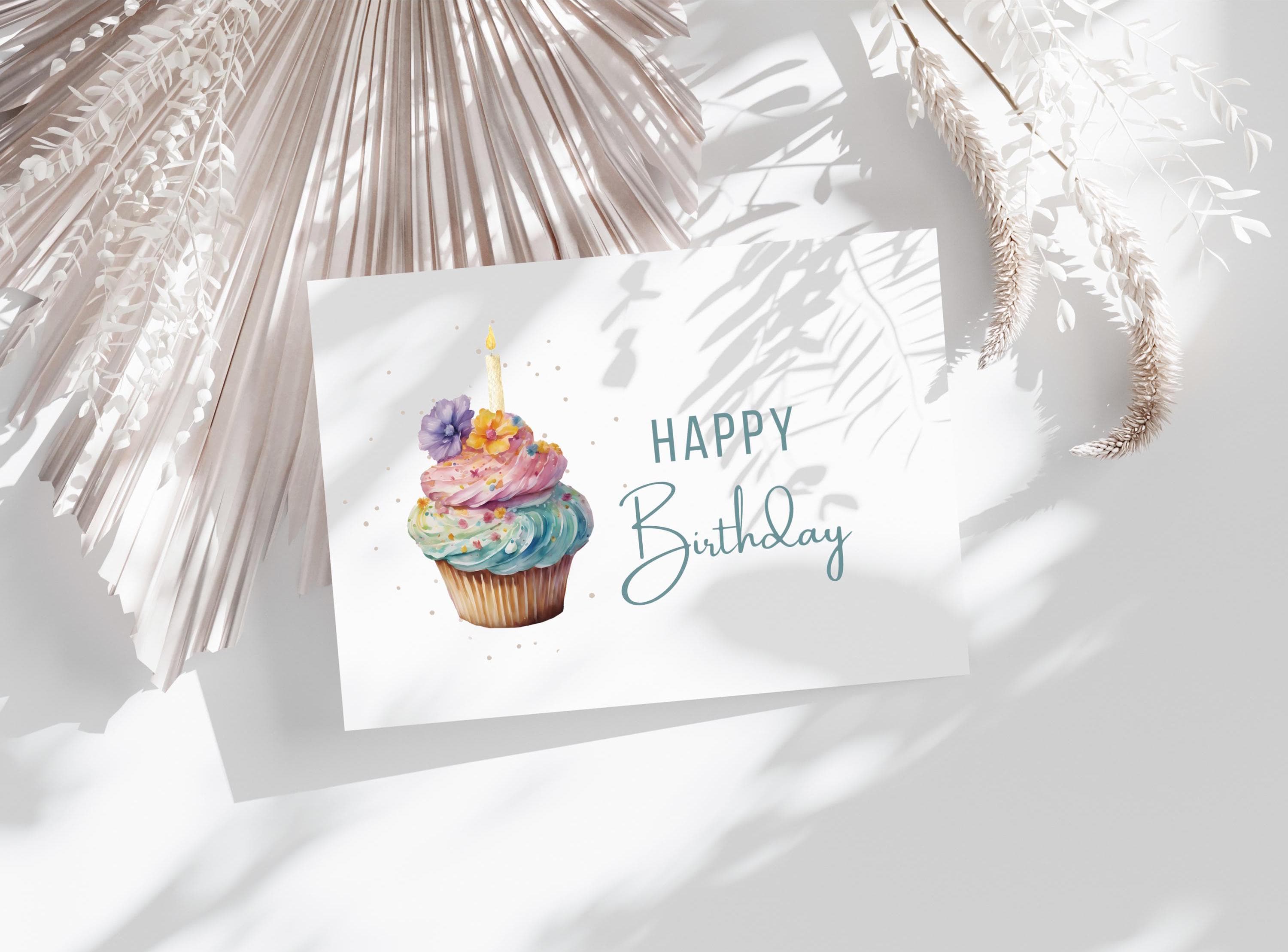 Colorful Cupcake Birthday Card, Simple Birthday Card for friend, kids, coworker, colleague, Watercolor Birthday Printable greeting card - image 5