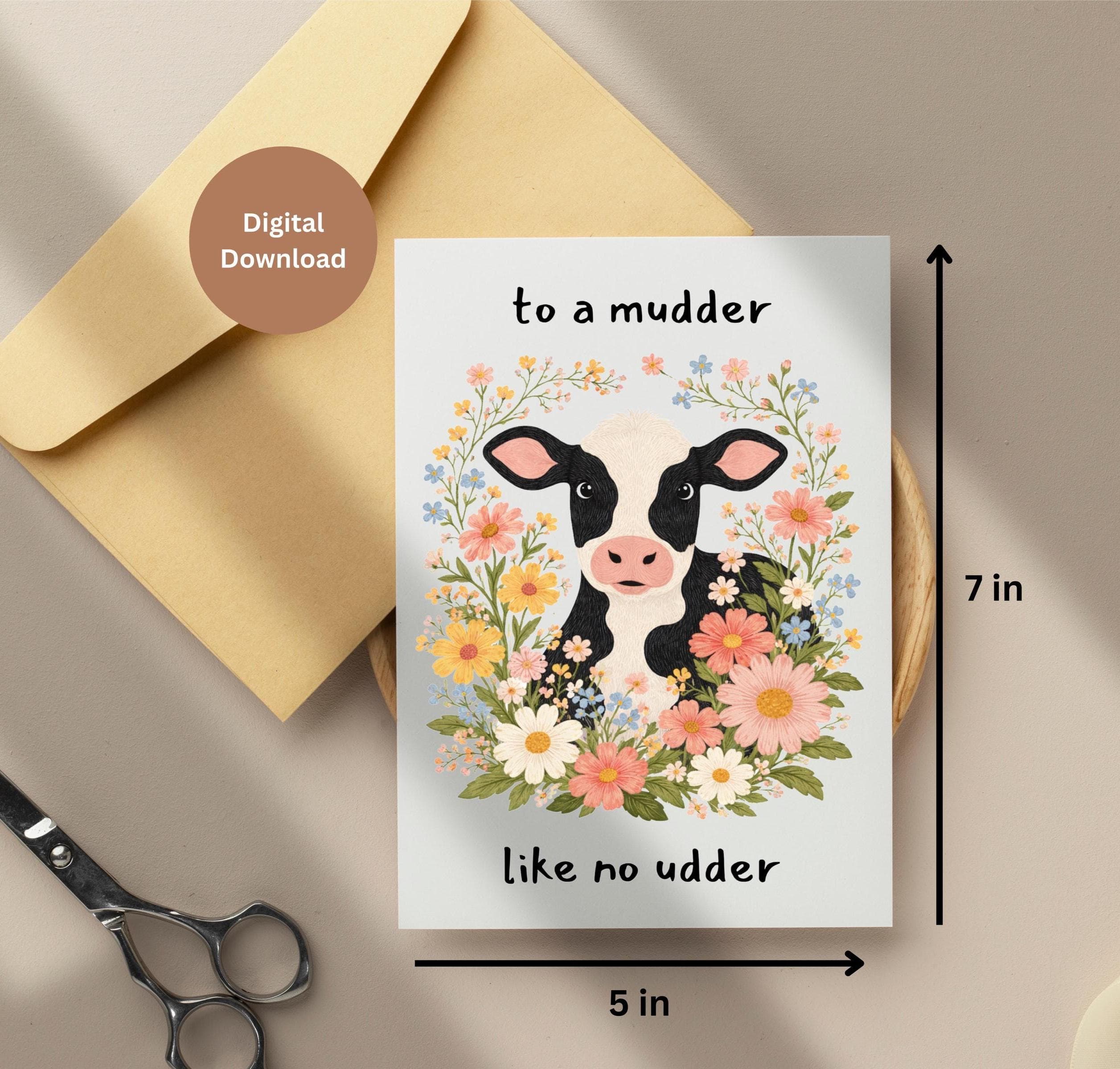 Funny Card for Mom, Mother’s Day Card, Mom Greeting Card, Mother Birthday Card Printable, To a mudder like no udder,Highland Cow Floral Card - image 4