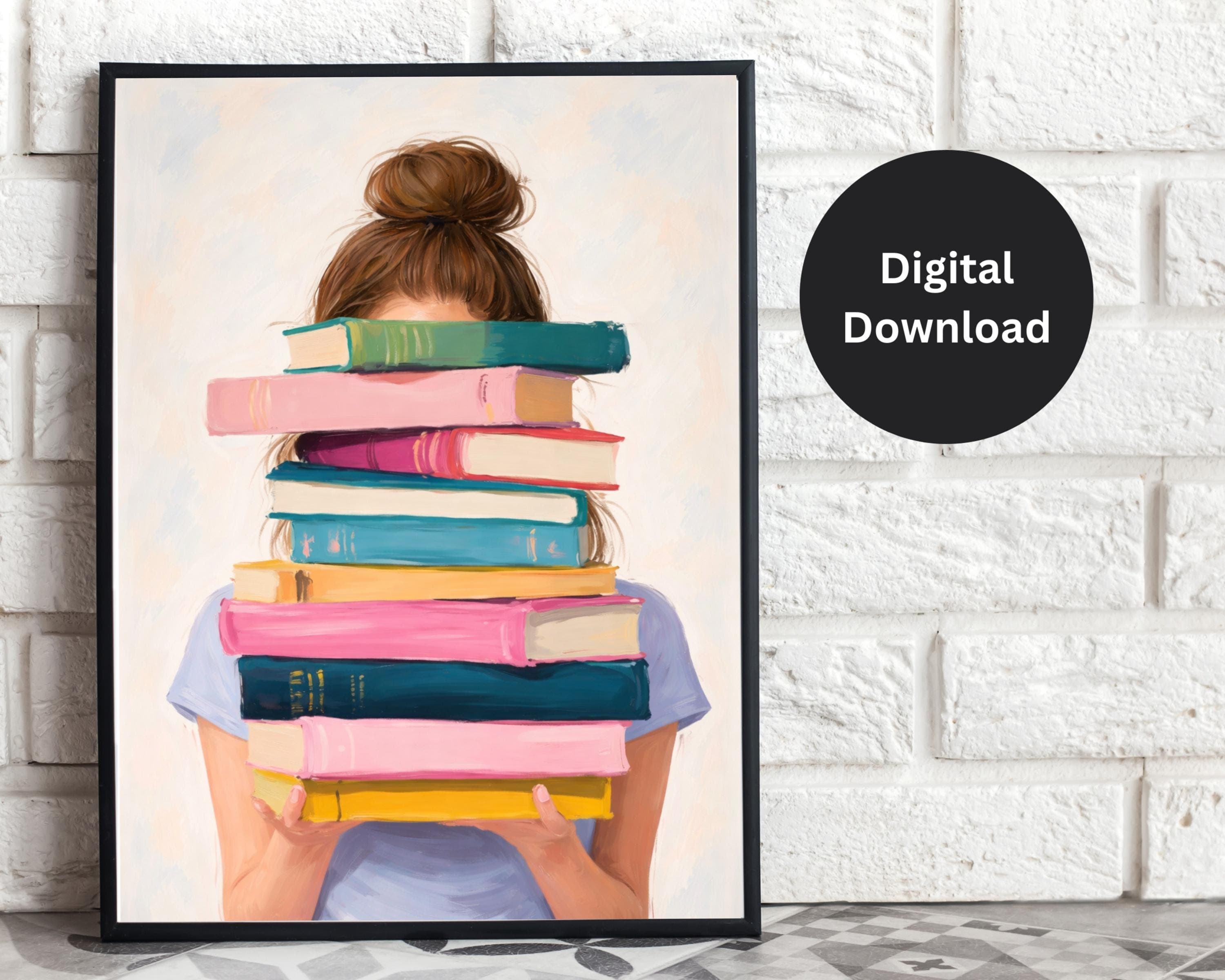 Girl With Stack of Books Poster, Pastel Book Lover Wall Art Print, Cute Reading Illustration Print, Reader Gift Printable, Library Decor - image 4