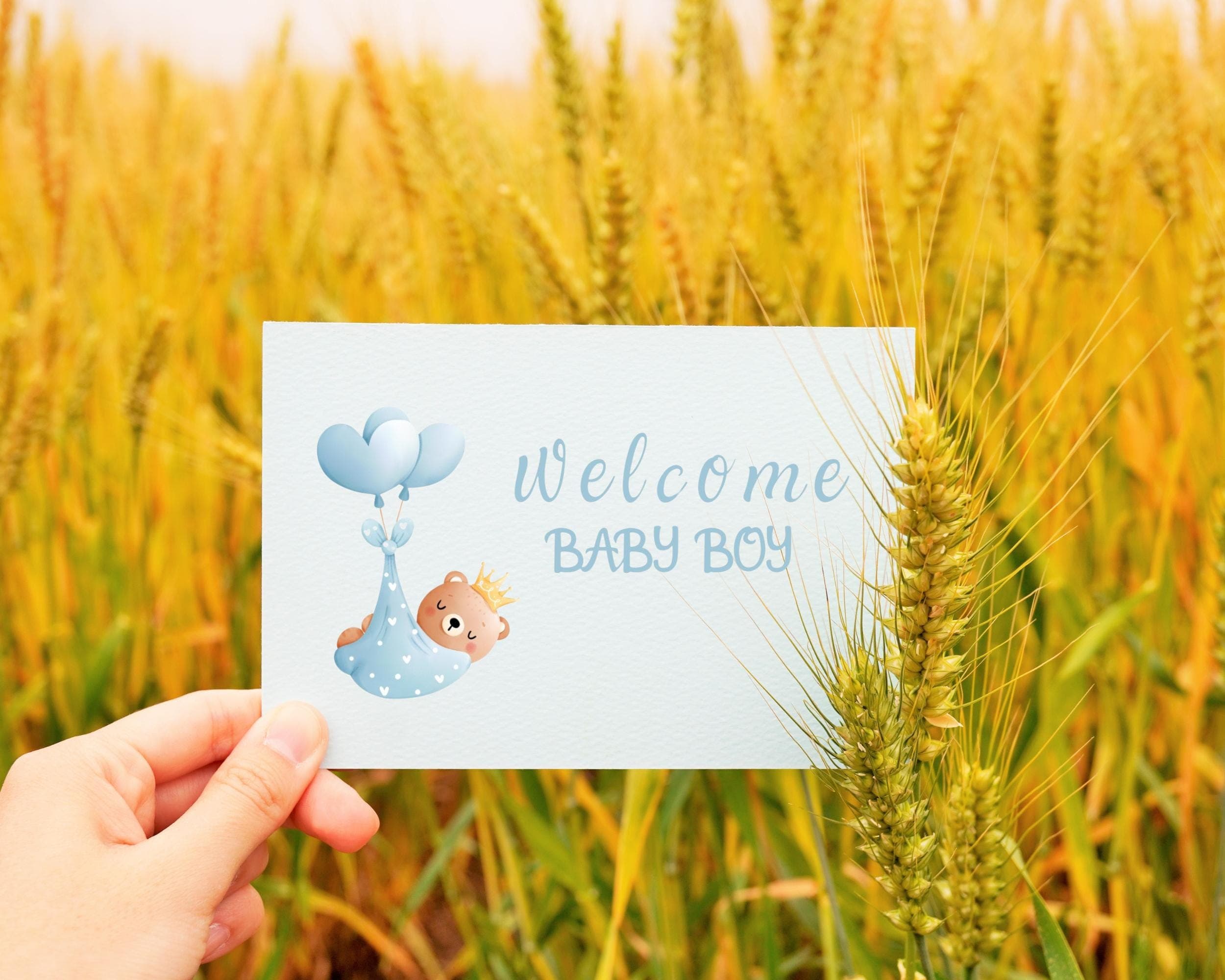 Welcome Baby Boy Card - DIGITAL Download - Printable Welcome Baby Boy Card - Printable Baby Boy Card with Baby Bear and blue balloons
