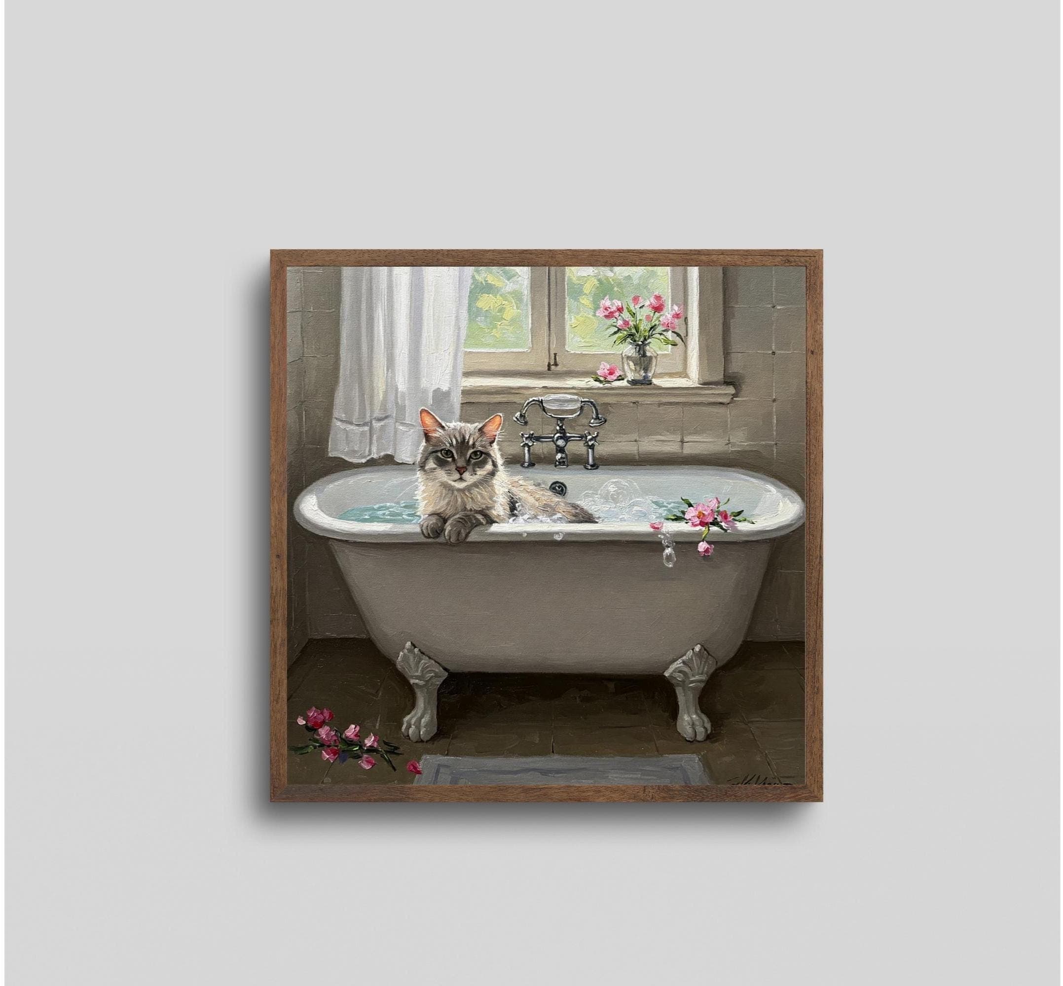 Vintage Cat in Bathtub Poster-Oil Painting Style Art Print-Artful Cat Print-Cute Playful Cat Wall Art-Textured Wall Paint-Instant Download - image 5