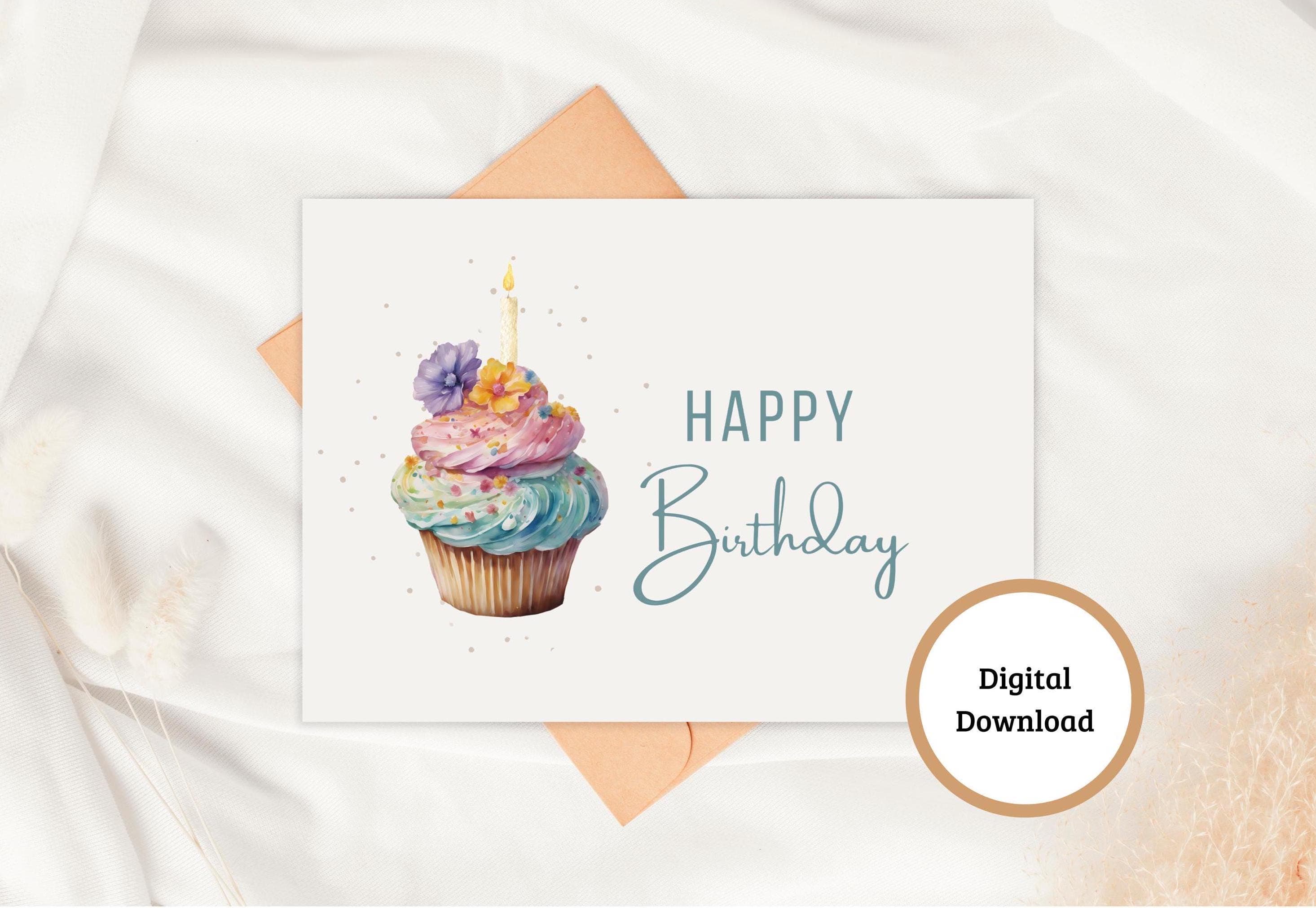 Colorful Cupcake Birthday Card, Simple Birthday Card for friend, kids, coworker, colleague, Watercolor Birthday Printable greeting card - image 3