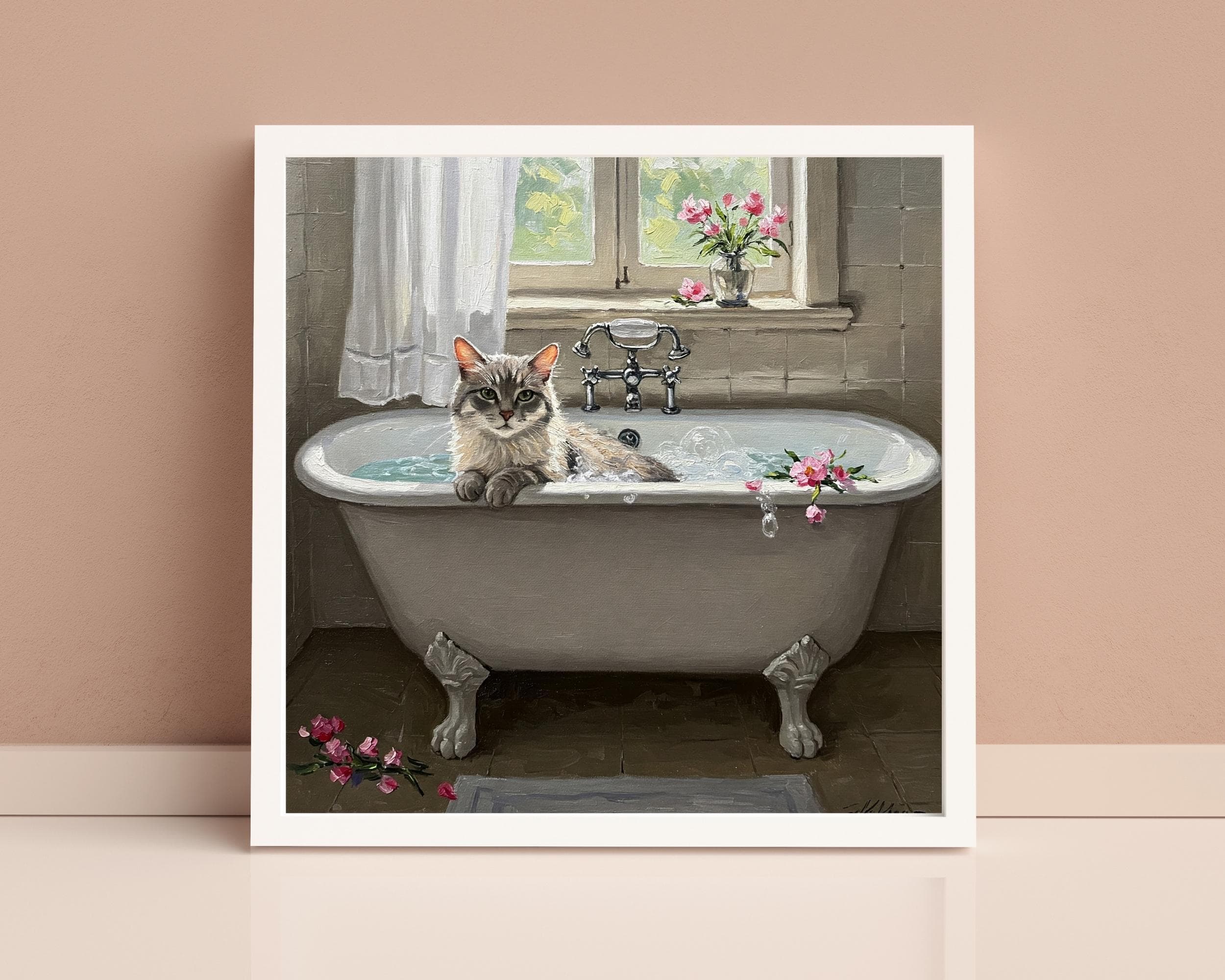 Vintage Cat in Bathtub Poster-Oil Painting Style Art Print-Artful Cat Print-Cute Playful Cat Wall Art-Textured Wall Paint-Instant Download - image 4