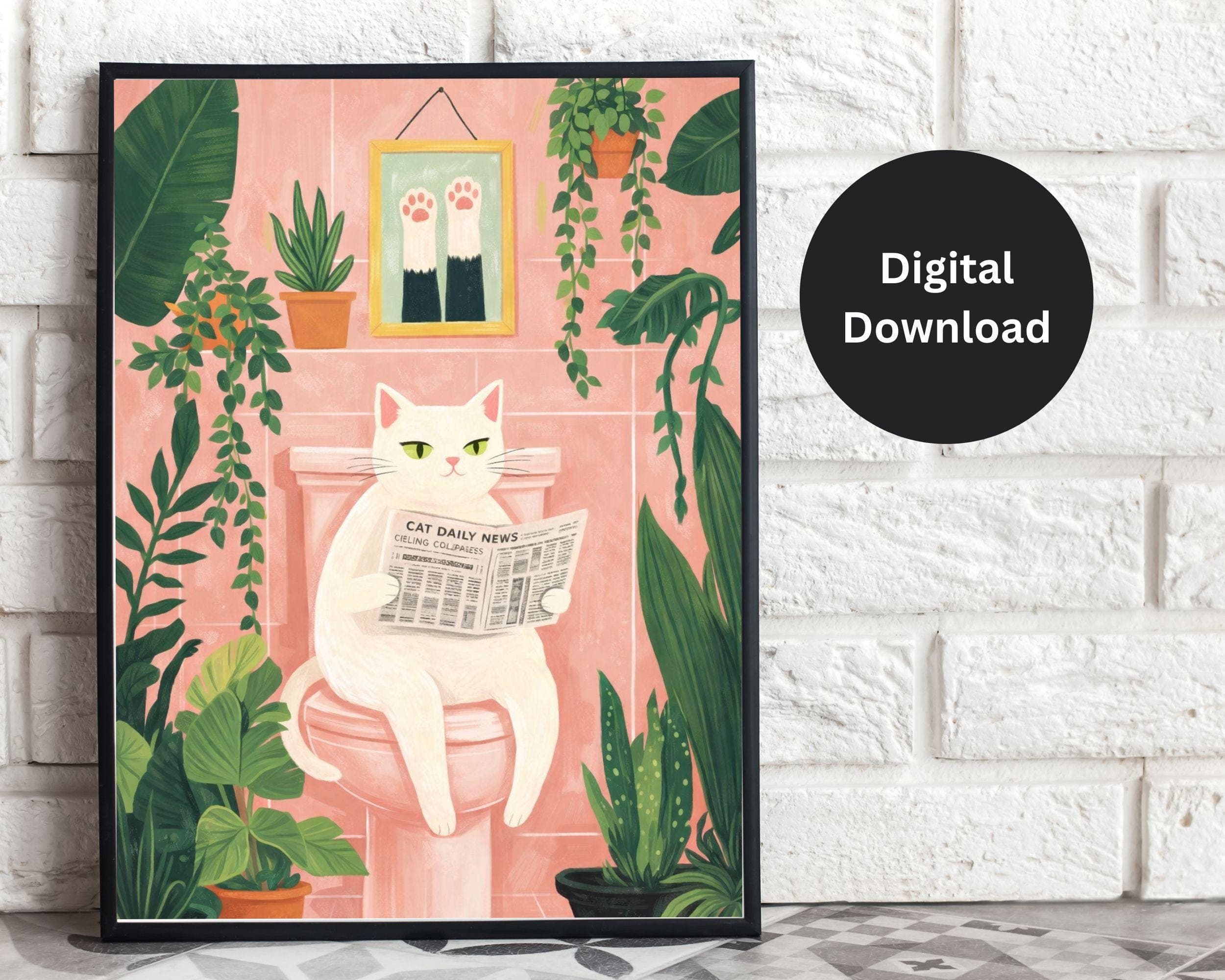 Funny Cat Bathroom Poster, Cat Reading Newspaper Print, Whimsical Bathroom Wall Decor, Vintage Cat Print, Pink Bathroom Art,Digital Download - image 3