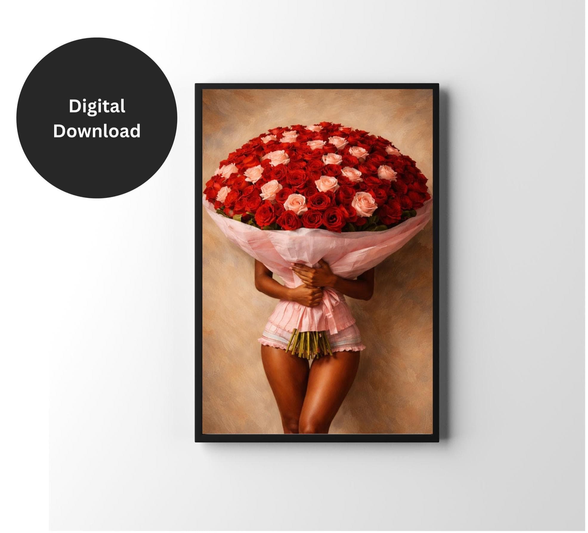 Black Woman Roses Bouquet Art Print, Afrocentric Home Wall Decor, Oil Painting Black Girl Art, Romantic Floral Printable, Red & Pink Roses - image 3
