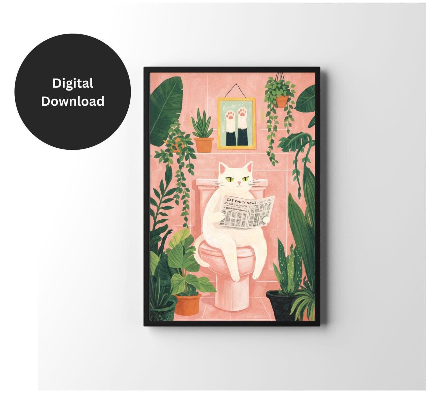 Funny Cat Bathroom Poster, Cat Reading Newspaper Print, Whimsical Bathroom Wall Decor, Vintage Cat Print, Pink Bathroom Art,Digital Download - image 5