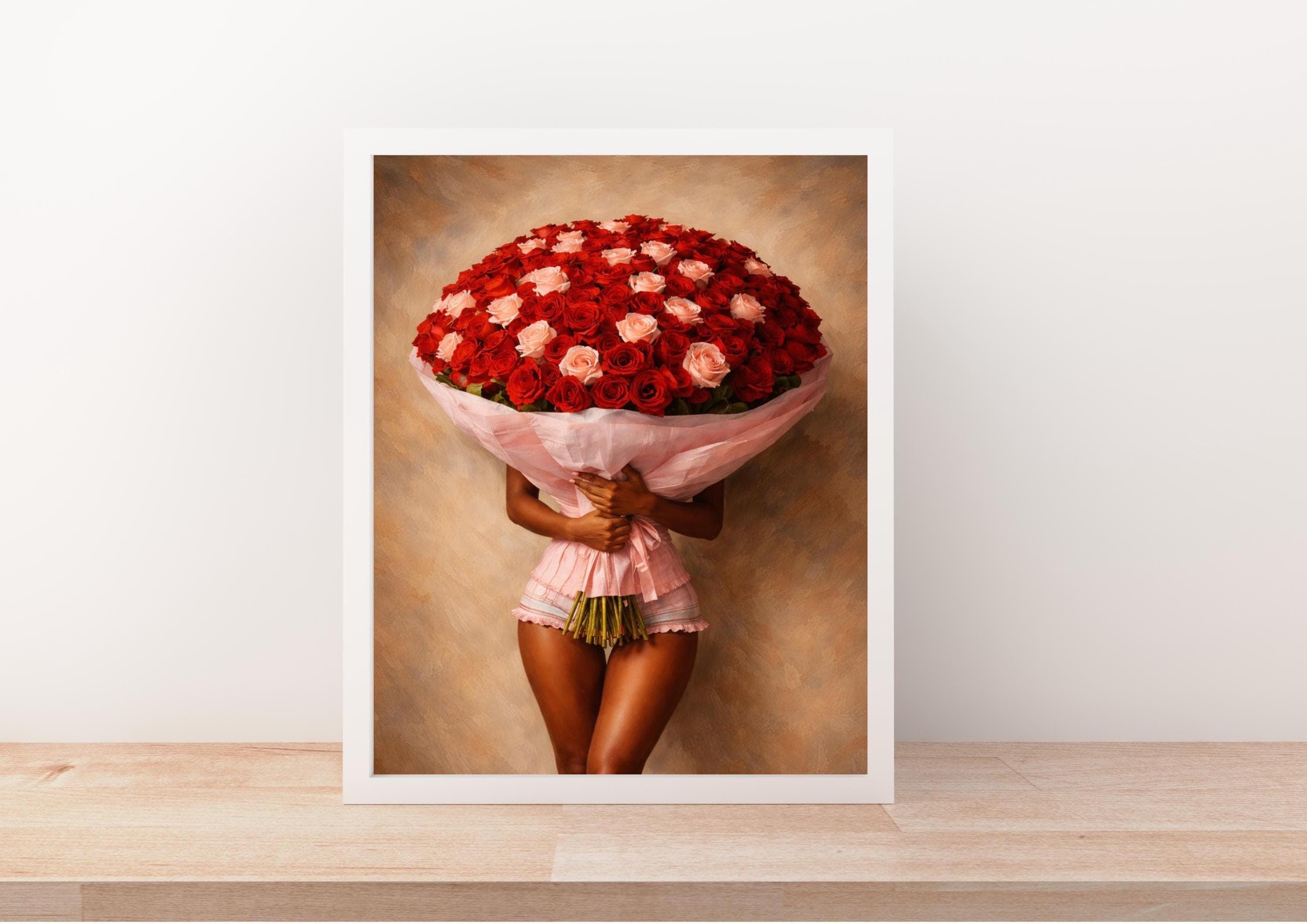 Black Woman Roses Bouquet Art Print, Afrocentric Home Wall Decor, Oil Painting Black Girl Art, Romantic Floral Printable, Red & Pink Roses - image 5