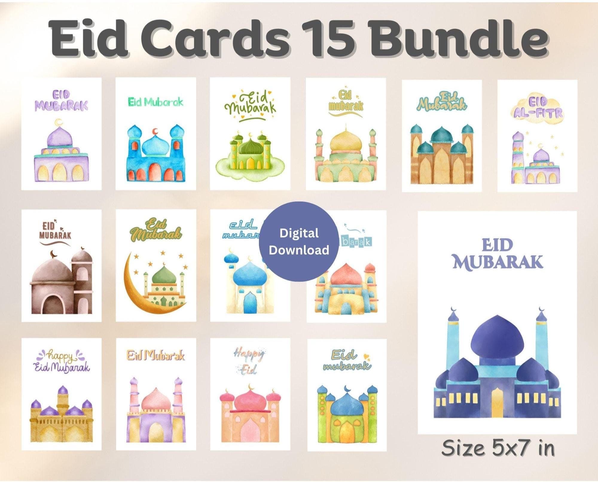Printable Eid Mubarak Card, Islamic Greeting Card, Ramadan Kareem, Eid Al-Fitr, Eid Al-Adha, Muslim Holiday, Watercolor Eid Card Bundle