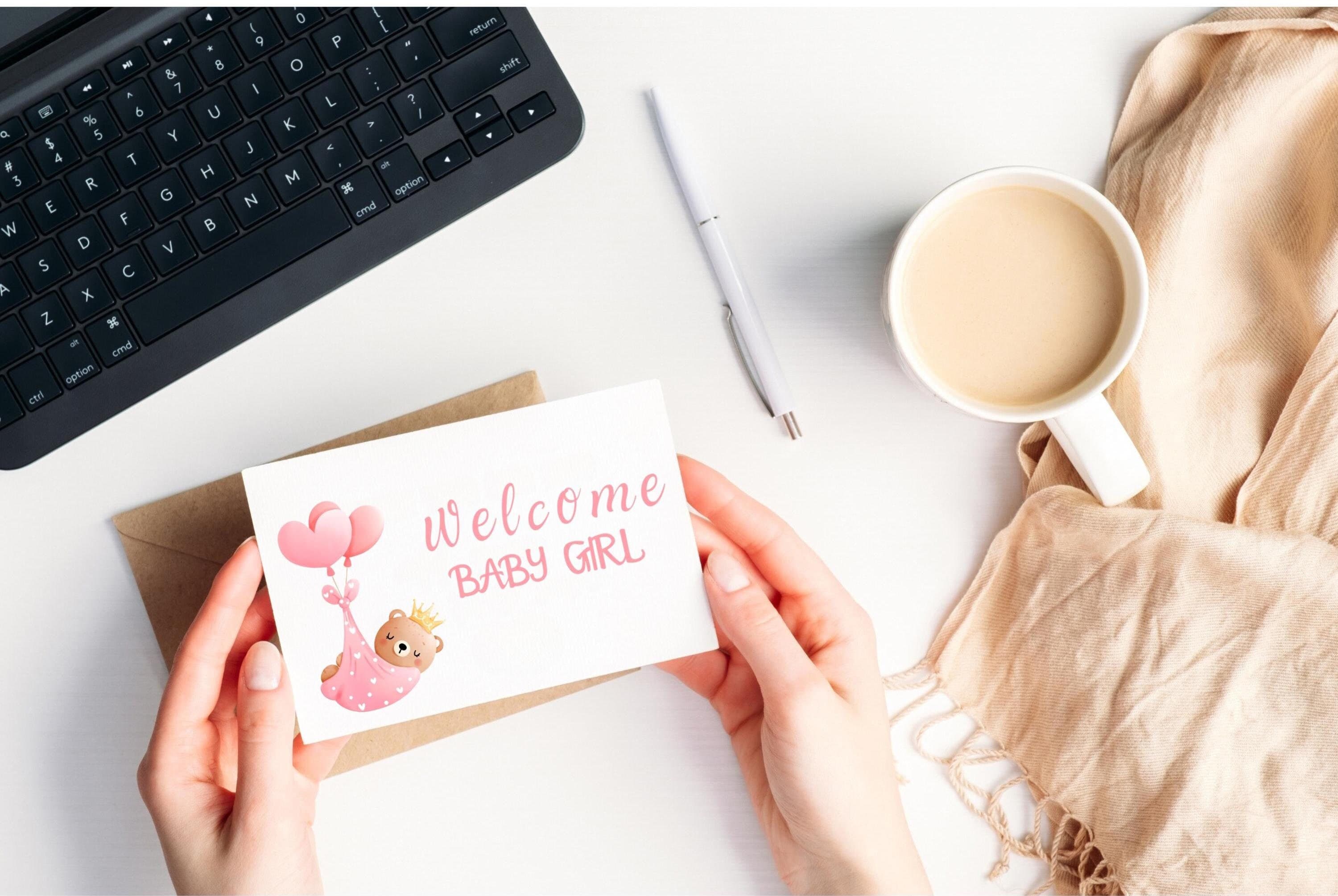 Welcome Baby Girl Card,Newborn Welcome card,Cute Baby Card,Printable Arrival Baby Card,Printable Baby shower card girl, pink printable card - image 3