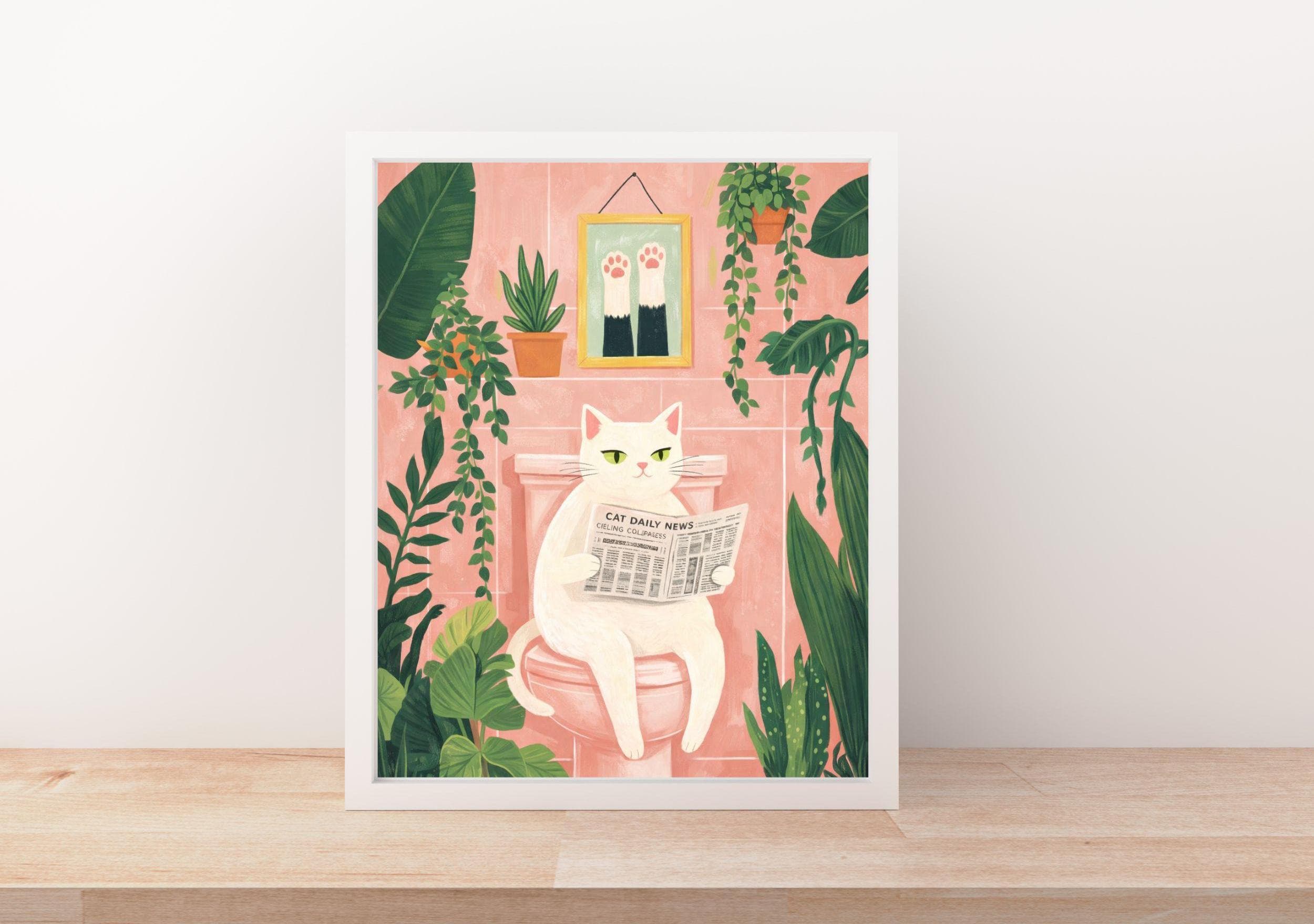 Funny Cat Bathroom Poster, Cat Reading Newspaper Print, Whimsical Bathroom Wall Decor, Vintage Cat Print, Pink Bathroom Art,Digital Download - image 4