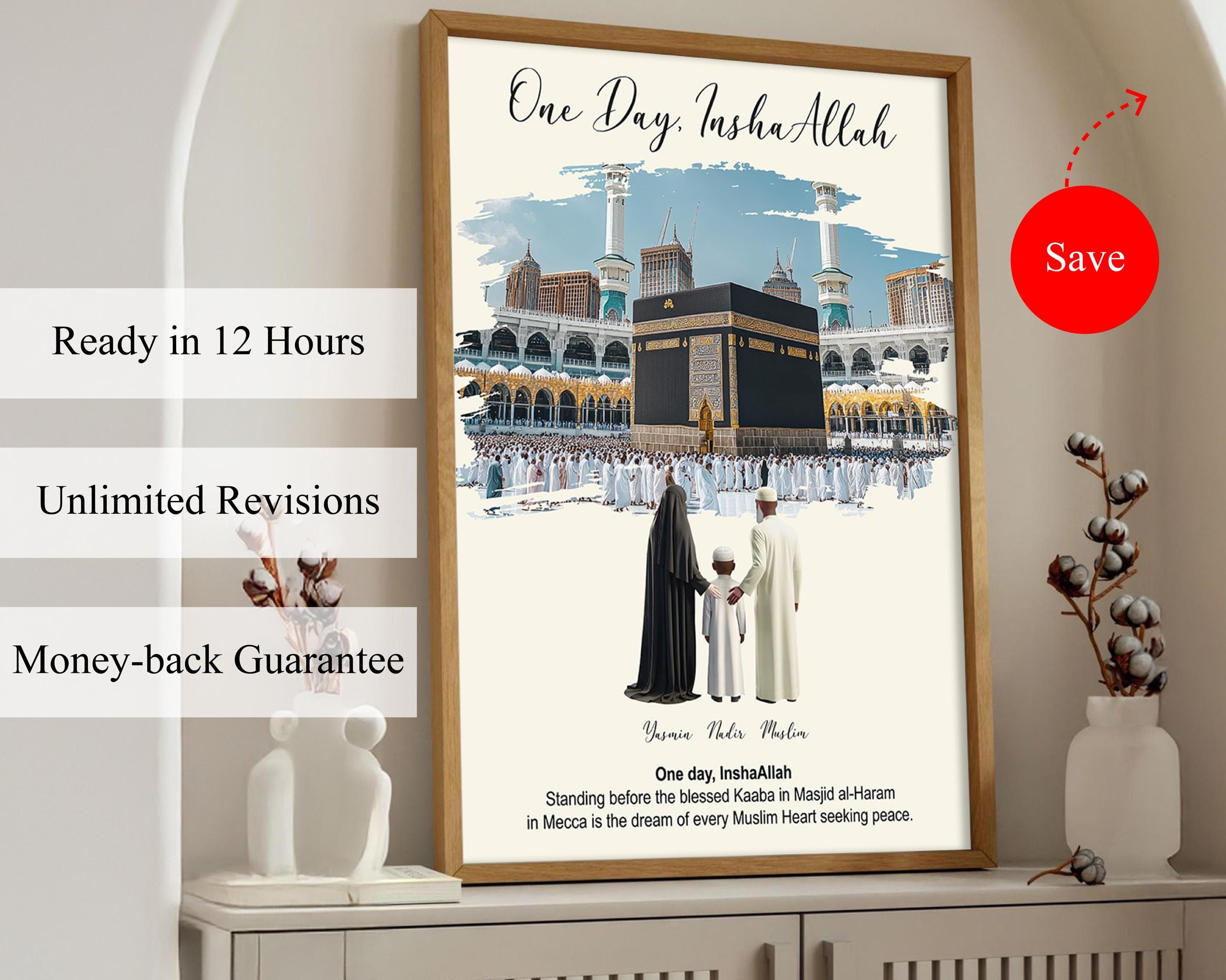 Customized Muslim Portrait at Kaaba, Islamic Family Manifest Poster, Hajj Dream Wall Decor, Personalized Eid Gift, Digital Islamic Art Print