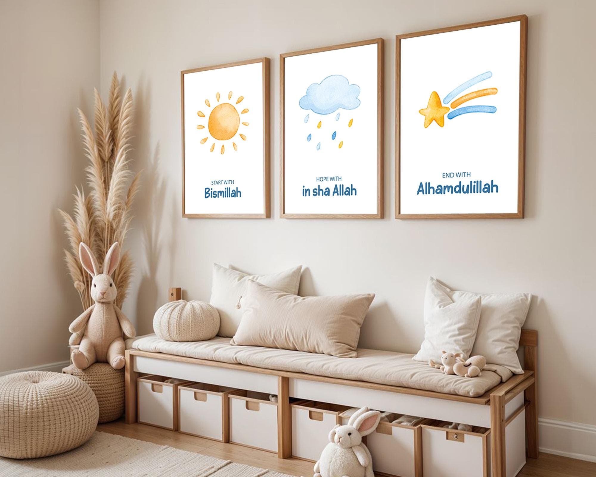 Set of 3 Islamic Wall Art Prints for Children, 3 Piece Muslim Nursery Wall Art Blue, Islamic Gifts for Kids, Islamic Posters Baby Boy Art