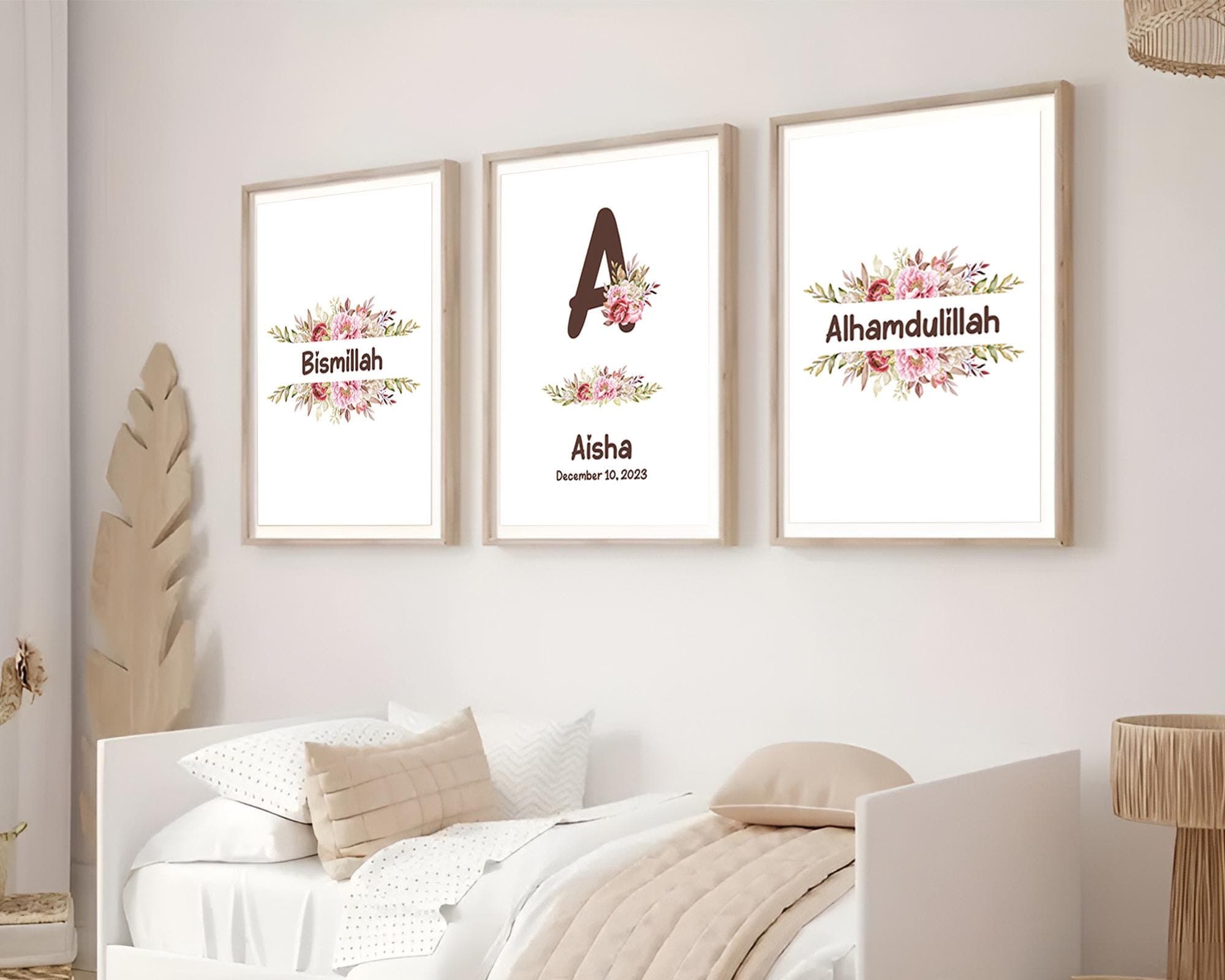 Personalised Islamic Wall Art Gifts for Kids, Set of 3 Printable Muslim Nursery Posters and Prints, Digital Download Art for Children Girls