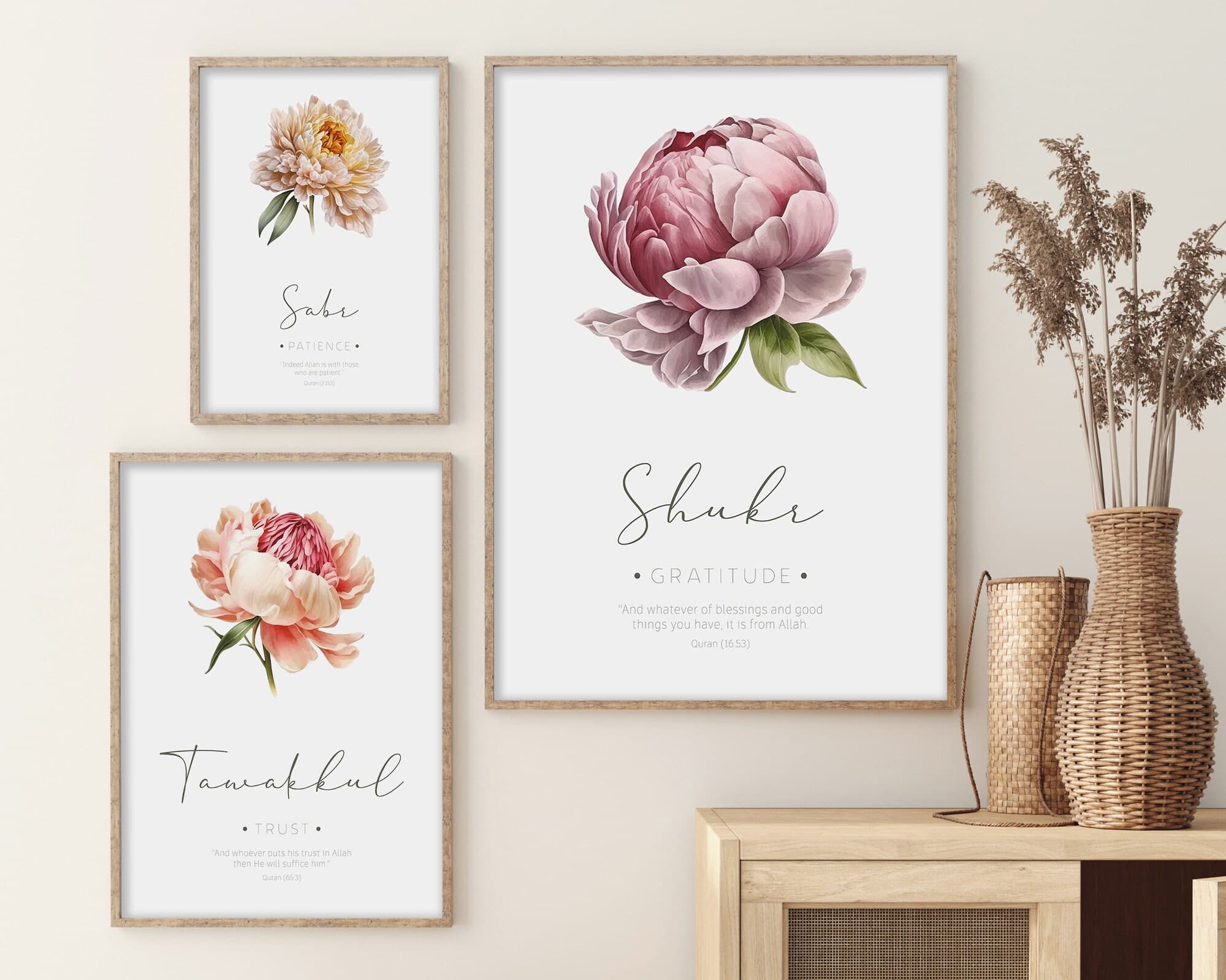 Set of 3 Islamic Printable Wall Art, Islamic Digital Prints, Muslim Posters, Islamic Gifts Sabr Shukr Tawakkul Quran Verse Inspirational Art