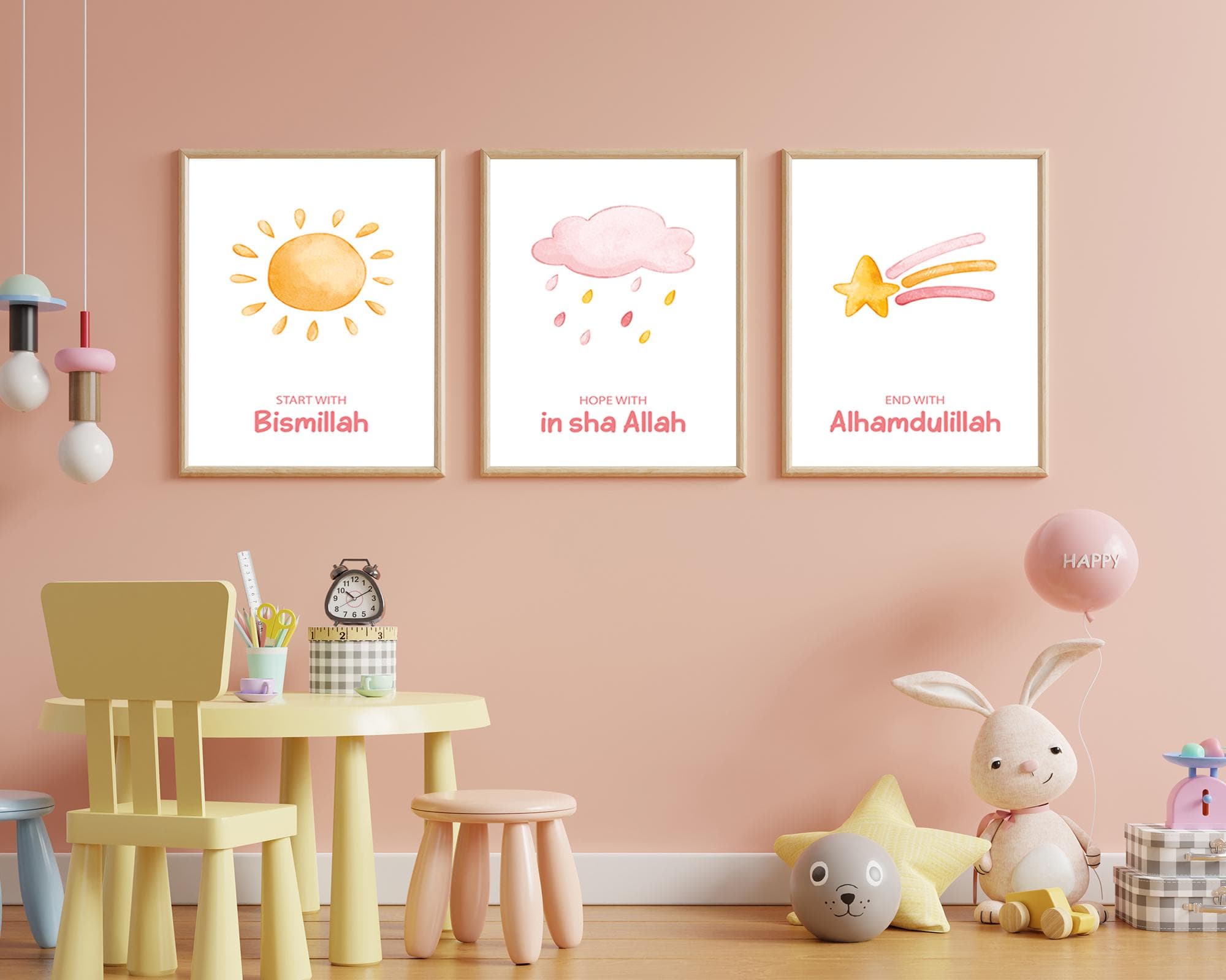 Set of 3 Islamic Wall Art Prints for Kids, 3 Piece Muslim Nursery Wall Art Pink and Yellow, Islamic Gifts for Kids, Islam Posters Kids Room
