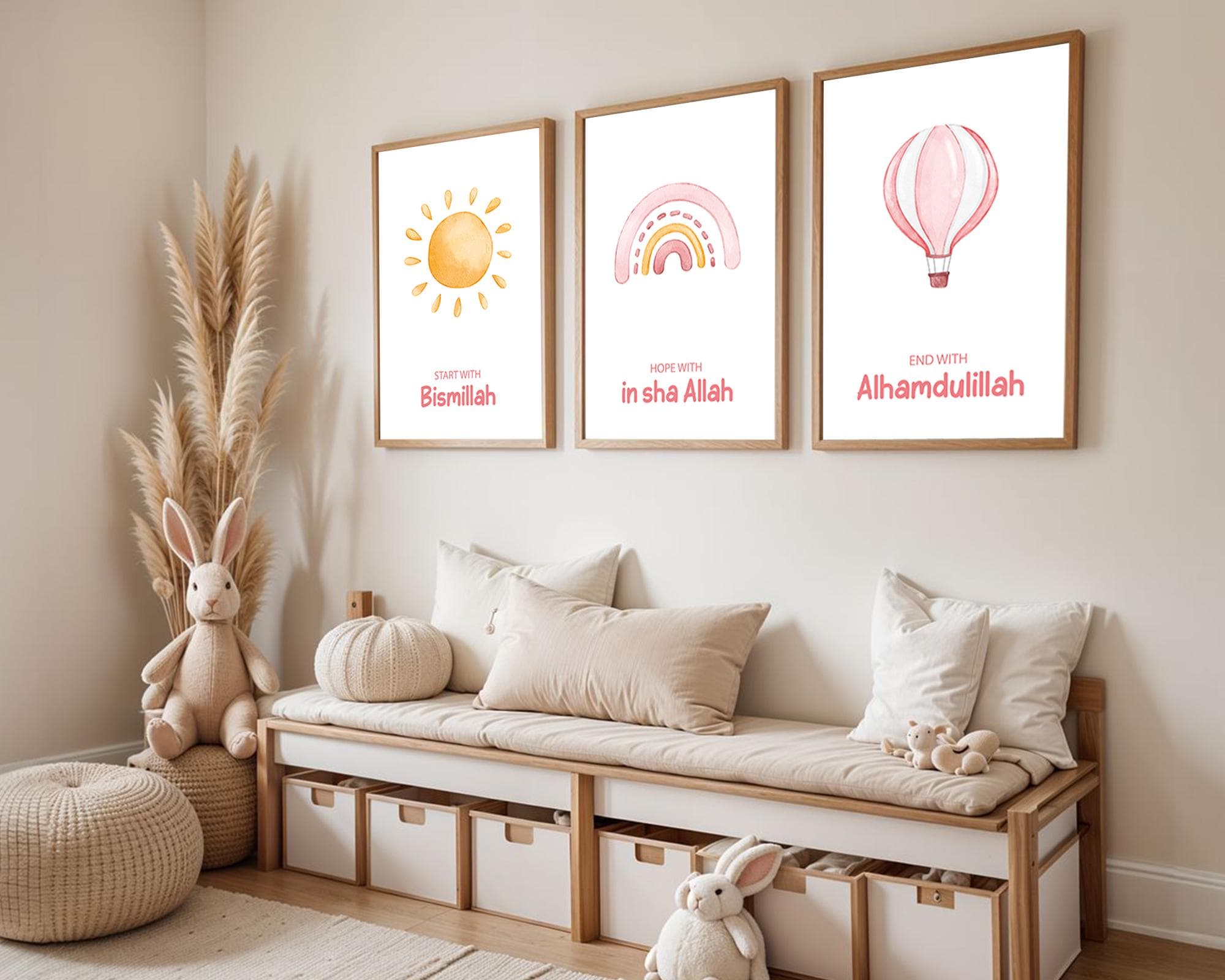Set of 3 Islamic Wall Art Prints for Children, 3 Piece Muslim Nursery Triptych Pink, Islamic Gifts Kids, Start with Bismillah Posters Trio - image 4