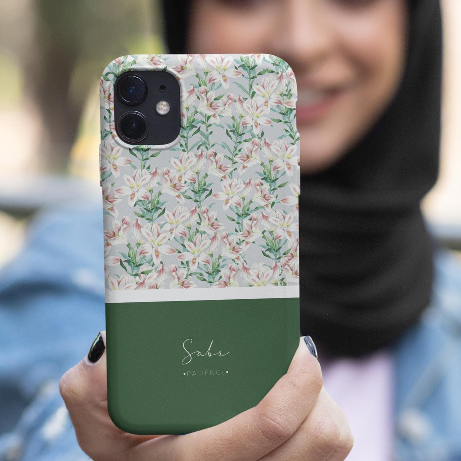 Floral Lily Pattern Tough Phone Case | Green Monogram Accent - image 5