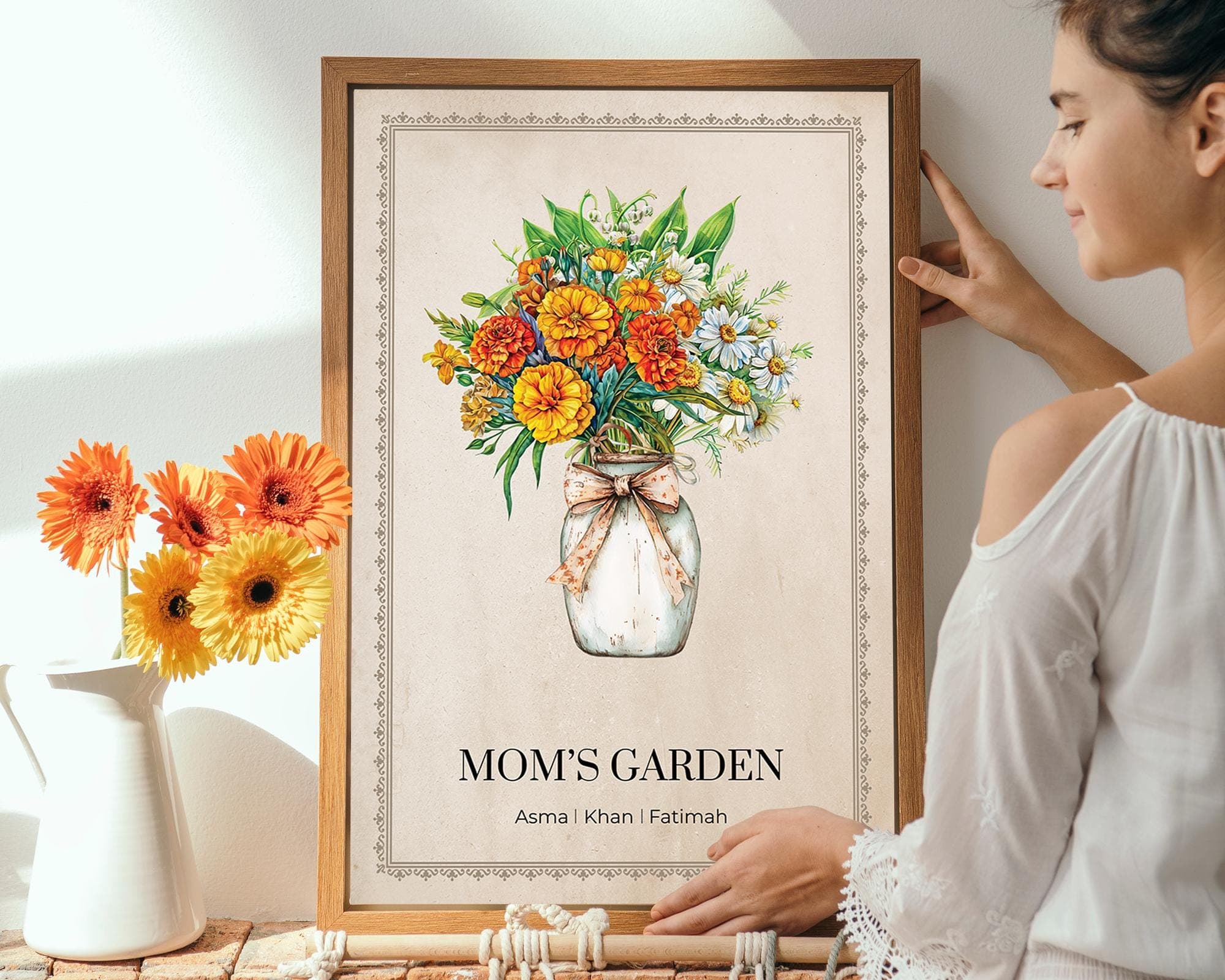 Mother's Day Gift, Mom's Garden Print, Custom Birth Flower Bouquet Art, Personalized Antique Floral Wall Decor, Birthday Gift for Mum