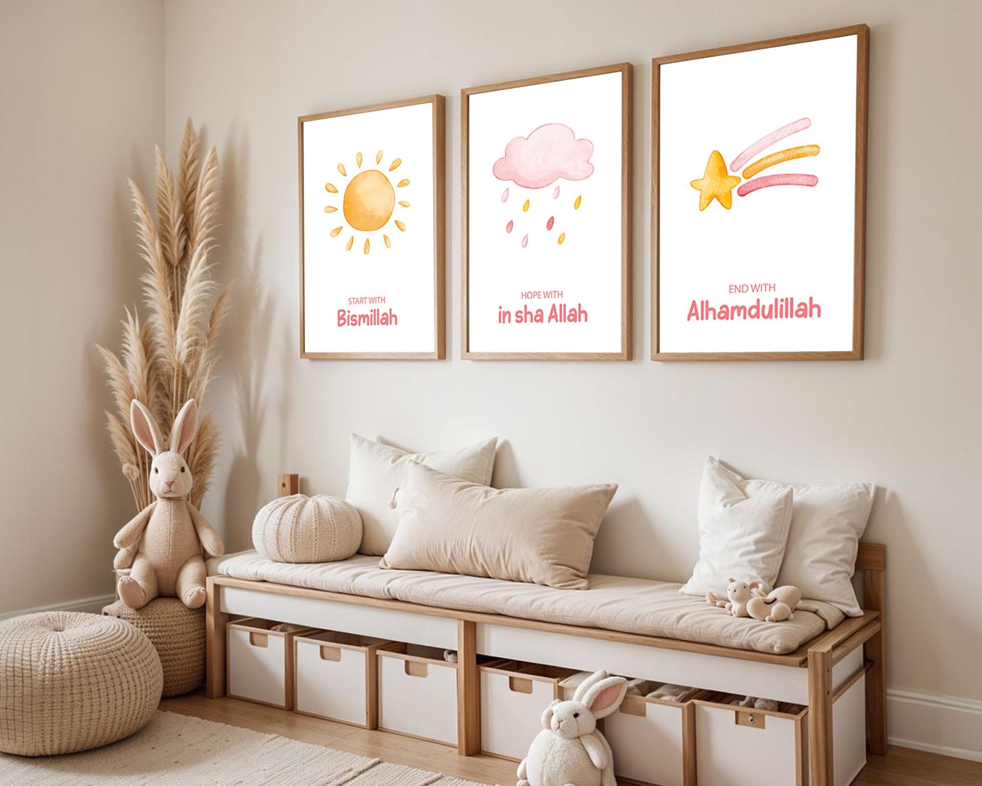 Set of 3 Islamic Wall Art Prints for Kids, 3 Piece Muslim Nursery Wall Art Pink and Yellow, Islamic Gifts for Kids, Islam Posters Kids Room - image 3