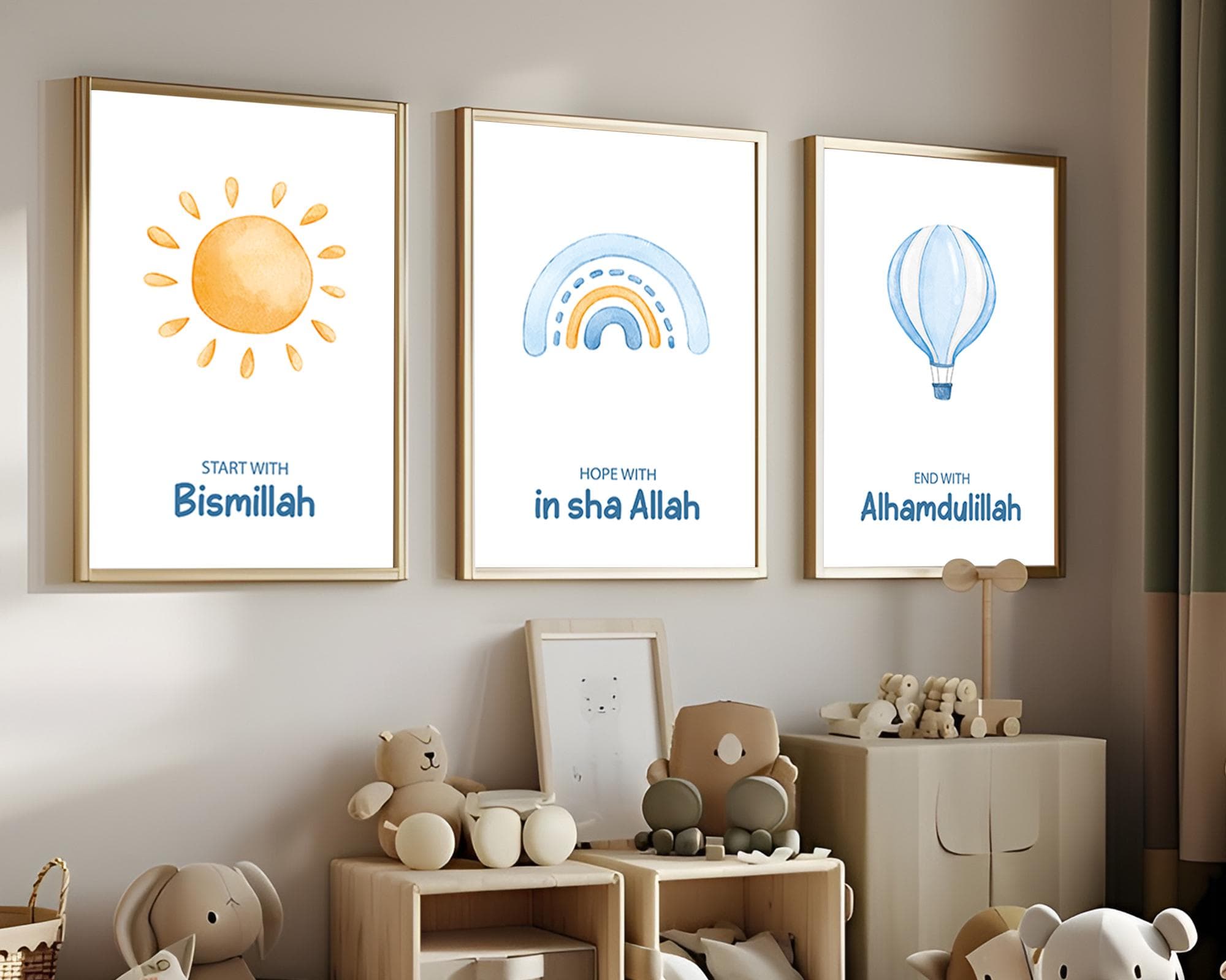 Set of 3 Islamic Wall Art Prints for Children, 3 Piece Muslim Nursery Triptych Blue, Islamic Gifts Kids, Start with Bismillah Posters Trio - image 5