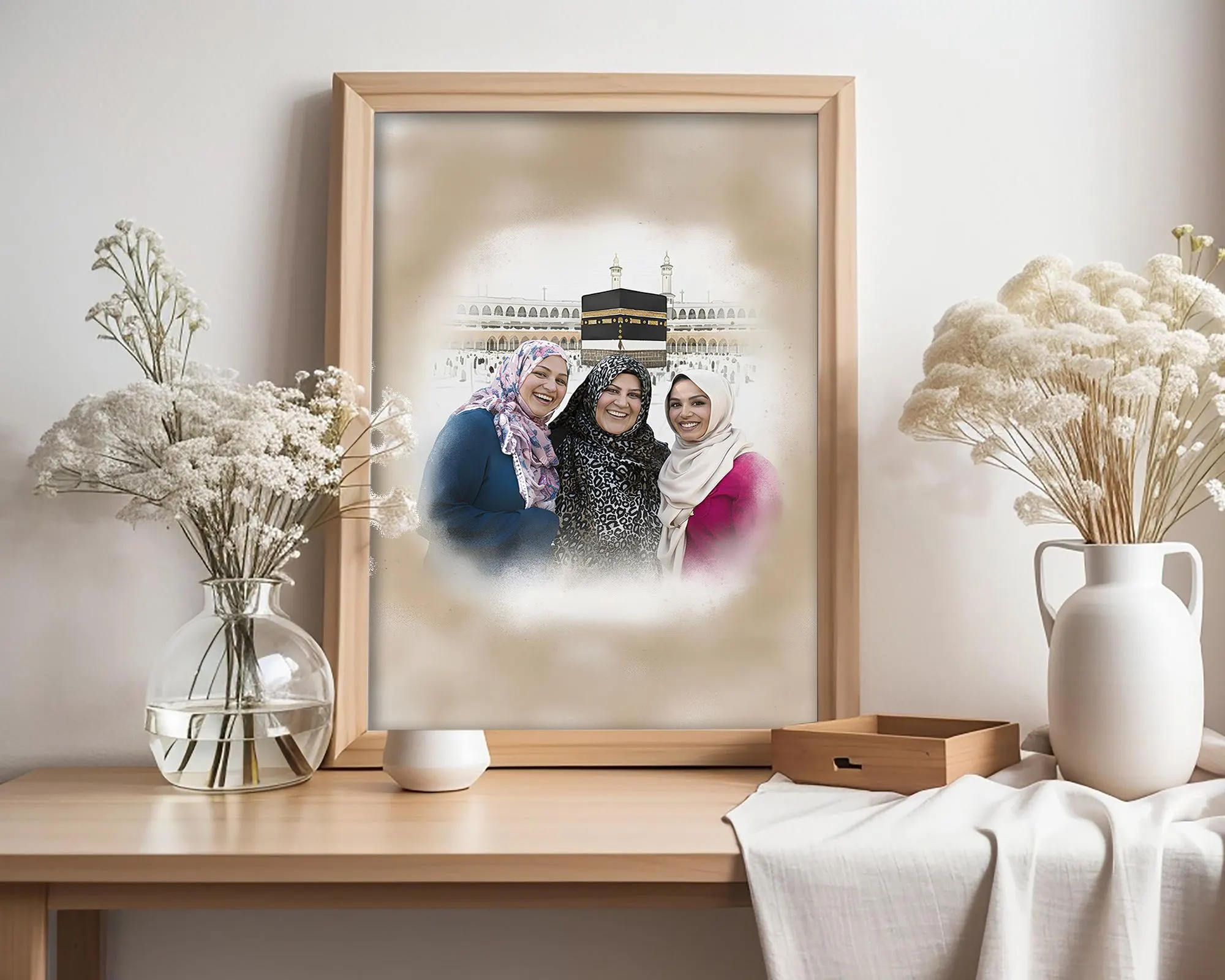 Personalized Islamic Photo Edit with Kaaba, Custom Sisters Picture Combination for Friends, Unique Siblings Muslim Gift Art